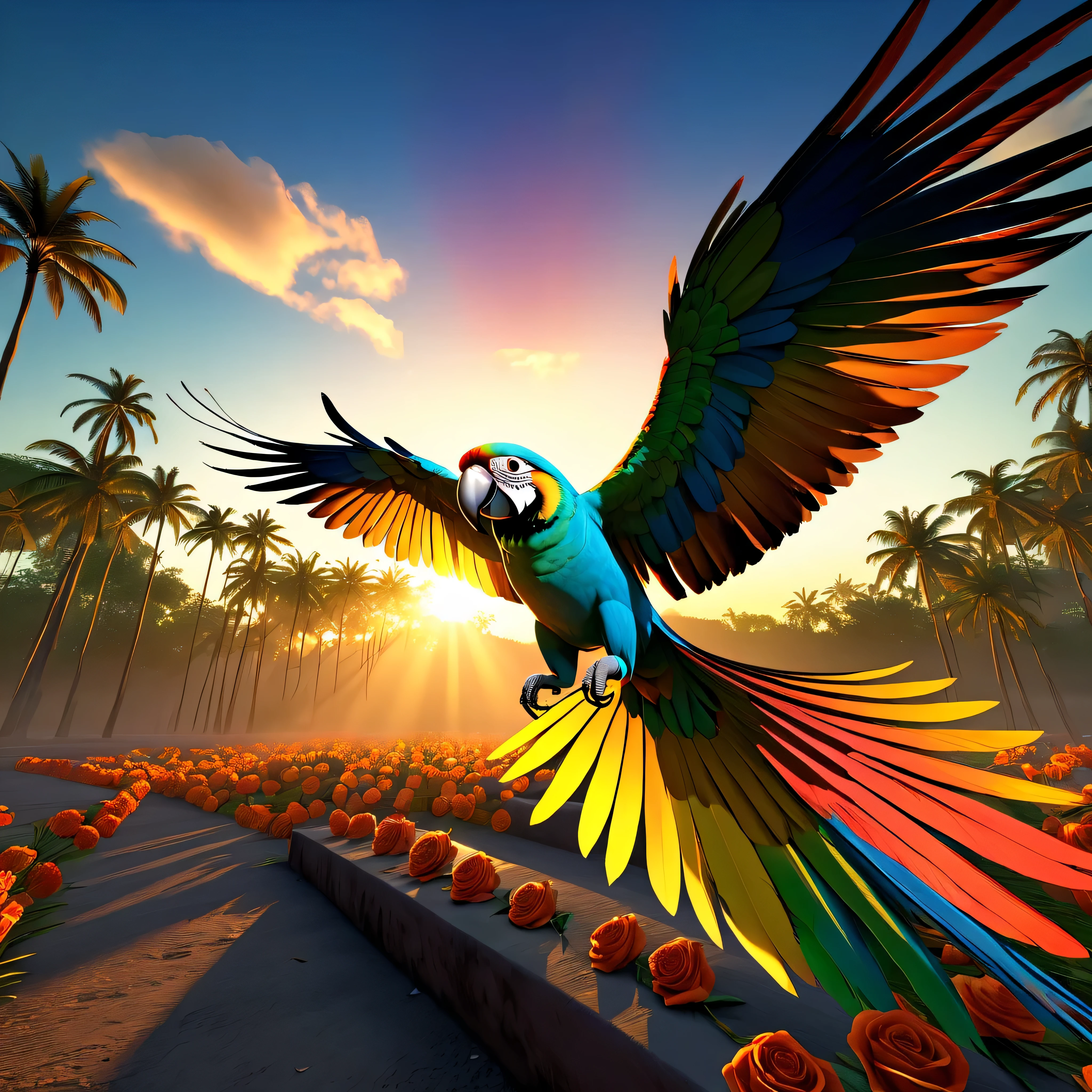 Sunset Sol-Invictus, full body shot of beautiful colour parrot "Dia De Los Muertos" initial referential The Master Professor. Spread wings. On the man shoulder. Capture the details of expensive brush strokes. dynamic composition, dramatic lighting to create a cinematic forest and blue sky atmosphere... National geographic quality images, extremely detailed, volumetric lighting, Background: City Street. Ultra Professional PhotoRealistic ((UnrealEngine5 epic tmasterpiece, ultra high-quality, ultra high-details, ultra sharp-focus, ultra high-resolution, ultra high-definition, vibrant DSLR vivid colorful lighting, cinematic_sunlight, saturate)), varies multi etc. --v 6 --s 1000 --c 20 --q 5 --chaos 100