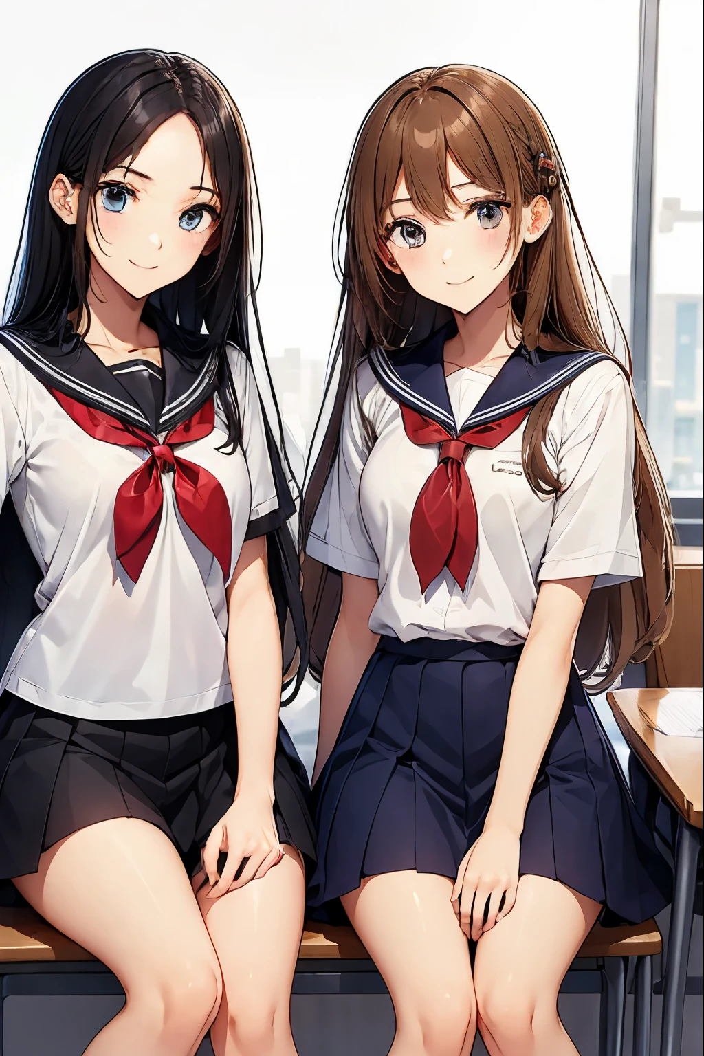 Two high school girls sitting in a classroom、seductive smile、