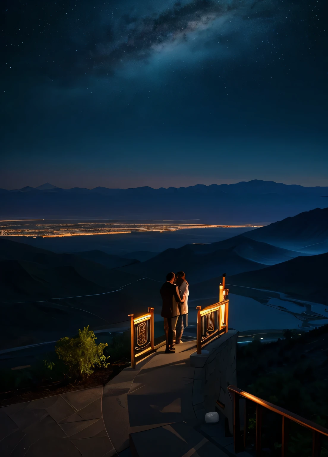 masterpiece, best quality, (Extremely detailed CG unified 8k wallpaper), (best quality), (Best Illustration), (best shadow), Ridiculous, Realistic lighting, (abyss), Beautiful and detailed light, Petermore&#39;s artwork,Urumqi night scene，Couple back view