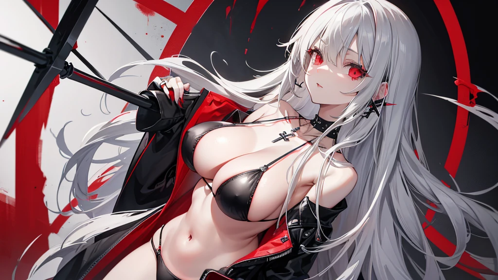 Long gray hair,blood red eyes,Necklace with cross,Wearing a black and white goth bikini