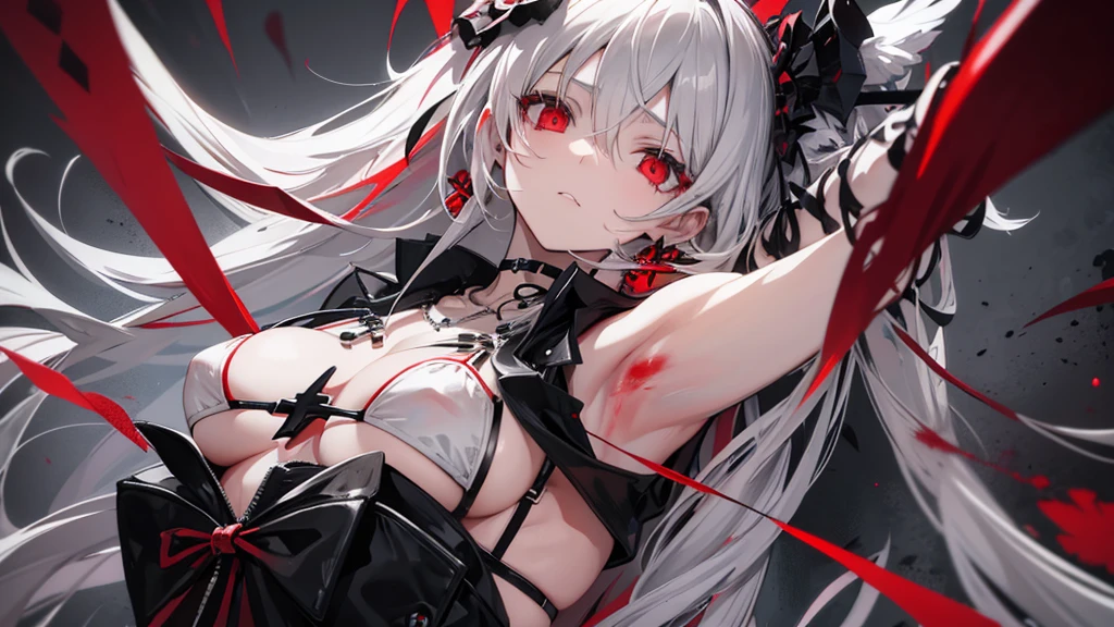 Long gray hair,blood red eyes,Necklace with cross,Wearing a black and white goth bikini