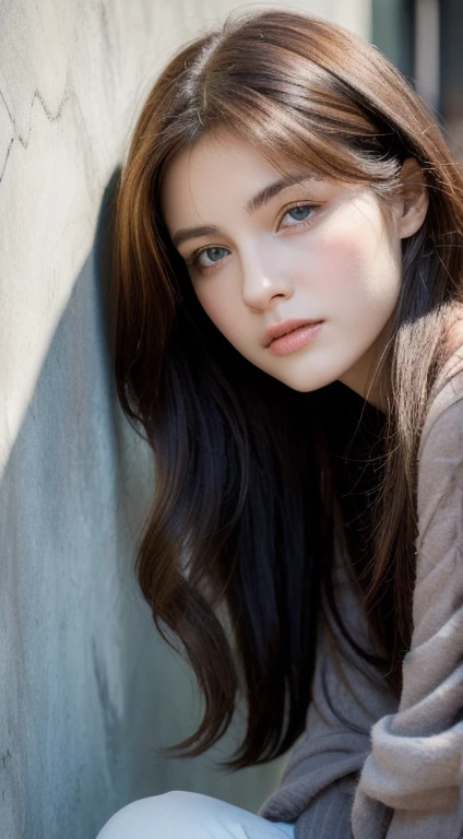 beautiful girl, portrait, masterpiece, Best Quality, Photo-realistic, Ultra-detailed, High resolution, 8K Wallpaper, 16 years old, Russian French Japanese and Korean mixed face, noble pure innocent and cute face, dark brown messy long hair, accurate human skeleton, Perfect dynamic composition, Beautiful detailed eyes, detailed hairs, Detailed realistic skin texture, basement background, concrete wall background, bright light, sunlight, 