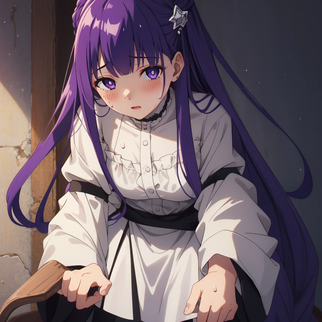1 girl,alone,purple hair,long hair,purple eyes,dull bangs,side lock,half up hair,bright pupils, hair ornaments,Ruffled collar,black robe,white dress,center ruffle,button,wide sleeve,long sleeve,crooked,cowboy shot, looking at the viewer, and white skin,knees,,absurd,(masterpiece:1.3), (High resolution), (8K), (very detailed), (4k), (pixiv), perfect face, beautiful eyes and face, (最high quality), (Super detailed), detailed face and eyes,pubic hair,黄色いPeeを漏らす裸の女の子,1 girl,alone,spread your legs, embarrassing, blush,いPee, (sweating:1.4),spread your legs,1 girl, (alone), High resolution, use_fast_no_frozen_style, use_fast_no_frozen_style, high quality, 1 girl, nude, Pee, squat, touch the vagina,standing, raise one leg
