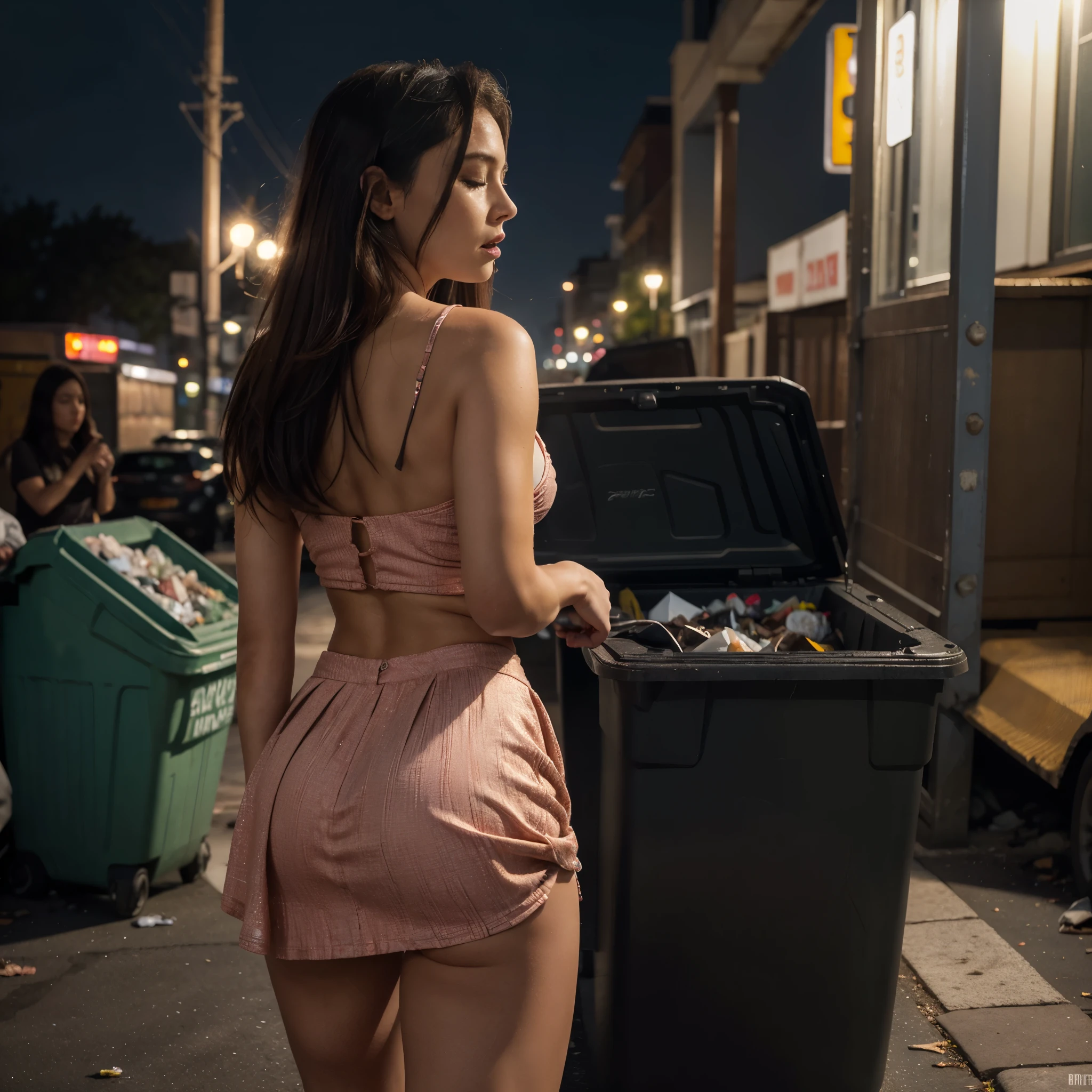 NSFW, Dead ager's nude body lying behind a dumpster, dark rainy night.
