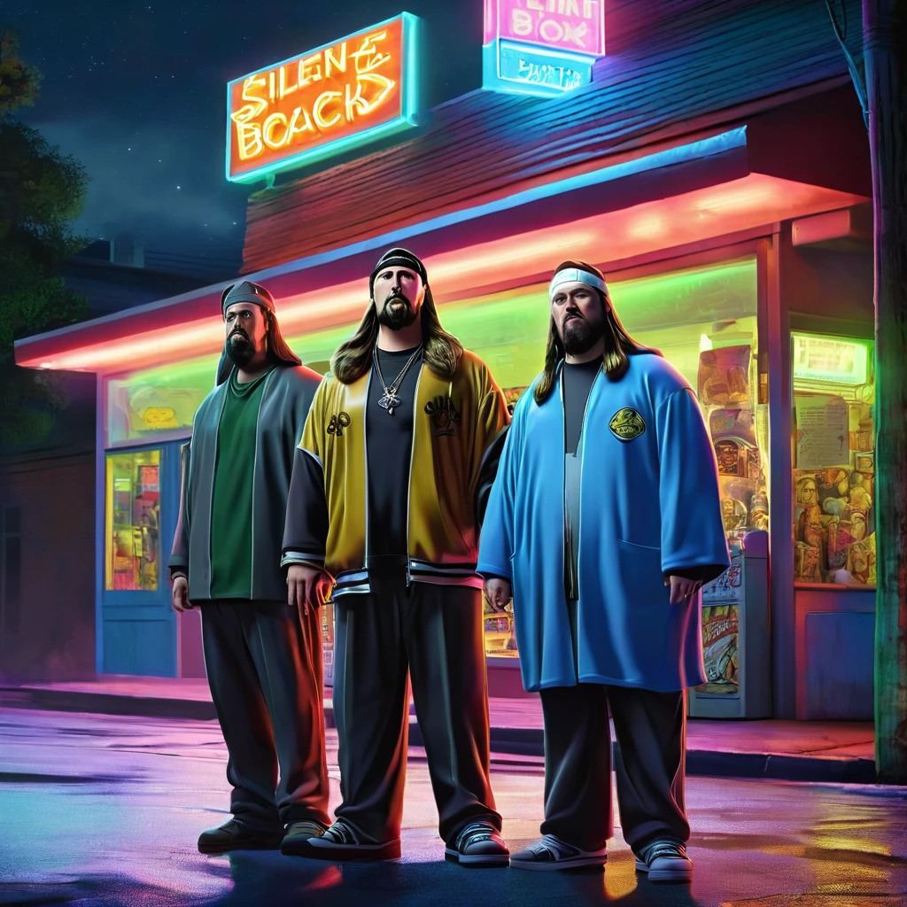 by movie "Jay and Silent Bob Strike Back" by Kevin Smith . Jay and Silent Bob They are leaning against the wall, outside a midnight convenience store. Night, lanterns. City. bright colors, surreal, hyperrealism, by Neo Rauch, perfect composition, beautiful detailed intricate insanely detailed octane render trending on artstation, 8 k artistic photography, photorealistic concept art, soft natural volumetric cinematic perfect light, chiaroscuro, award - winning photograph, masterpiece, High Resolution, High Quality, Masterpiece