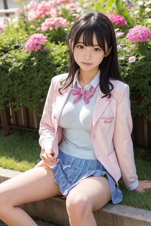 8K,Japanese,18-year-old,innocent face,age girl、cute,summer clothes,blazer uniform、sitting,flower garden,black hair,ribbon、big breasts、publish one'chest of、big nipples、nipples are pink、vaginal shot、Showing off your vagina、Spread your legs completely、spread your legs、NSFW、