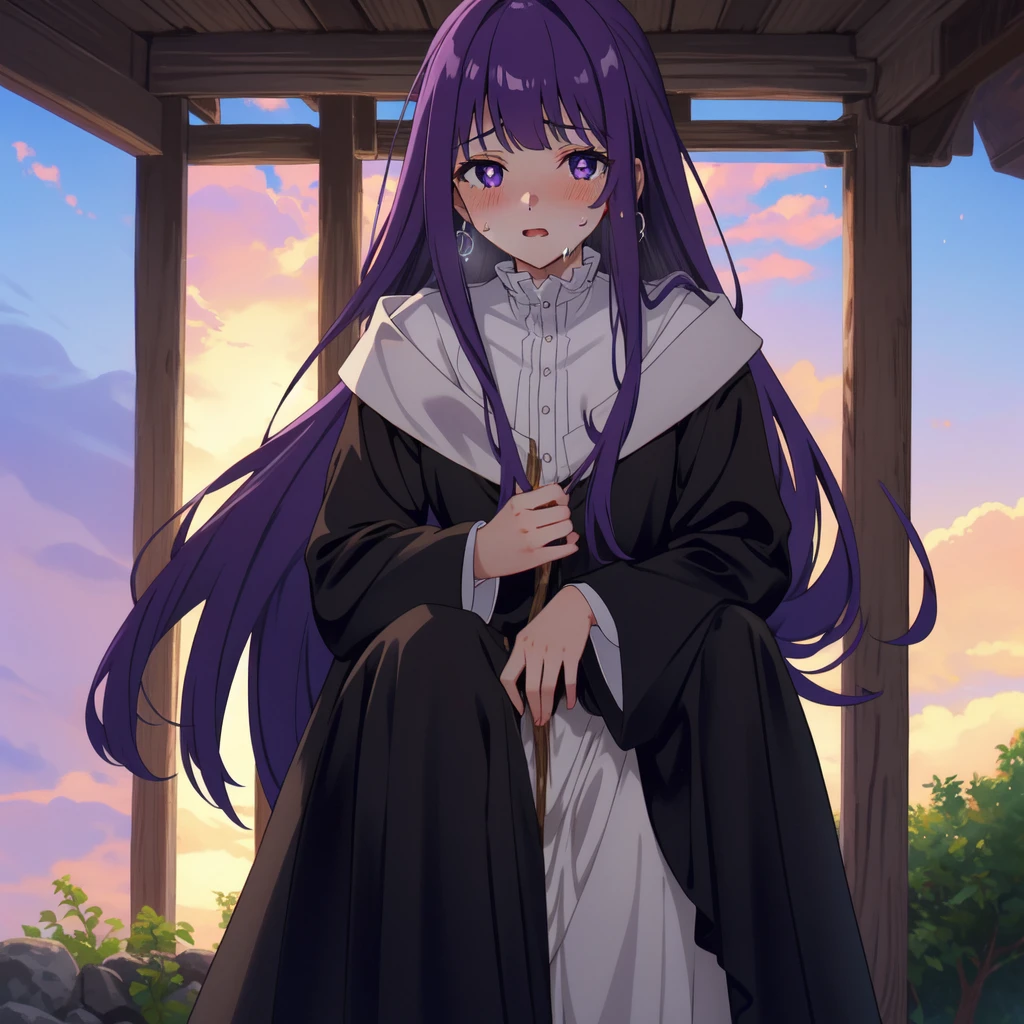 1 girl,alone,purple hair,long hair,purple eyes,dull bangs,side lock,half up hair,bright pupils, hair ornaments,Ruffled collar,black robe,white dress,center ruffle,button,wide sleeve,long sleeve,crooked,cowboy shot, looking at the viewer, and white skin,knees,,absurd,(masterpiece:1.3), (High resolution), (8K), (very detailed), (4k), (pixiv), perfect face, beautiful eyes and face, (最high quality), (Super detailed), detailed face and eyes,pubic hair,黄色いPeeを漏らす裸の女の子,1 girl,alone,spread your legs, embarrassing, blush,いPee, (sweating:1.4),spread your legs,1 girl, (alone), High resolution, use_fast_no_frozen_style, use_fast_no_frozen_style, high quality, 1 girl, nude, Pee, squat, touch the vagina,standing, raise one leg