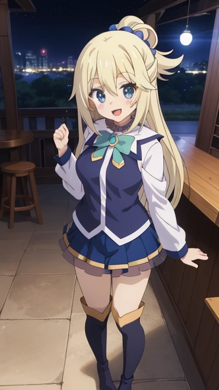 1 girl, alone, smile, open your mouth,full body, holding, boots, :d, A bar in the room, 1 girl, difficult, Chibi, masterpiece, expensive quality, very_expensive_solve, big_file size, full color, 2024 Era \(style\), anime, anime_screen cap, animeーション化された gif, mp4 ,video, animeーション化された,masterpiece, highest quality, soft lighting, looking at the viewer,