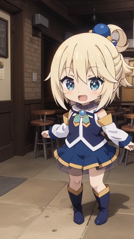 1 girl, alone, smile, open your mouth,full body, holding, boots, :d, A bar in the room, 1 girl, difficult, Chibi, masterpiece, expensive quality, very_expensive_solve, big_file size, full color, 2024 Era \(style\), anime, anime_screen cap, animeーション化された gif, mp4 ,video, animeーション化された,masterpiece, highest quality, soft lighting, looking at the viewer,