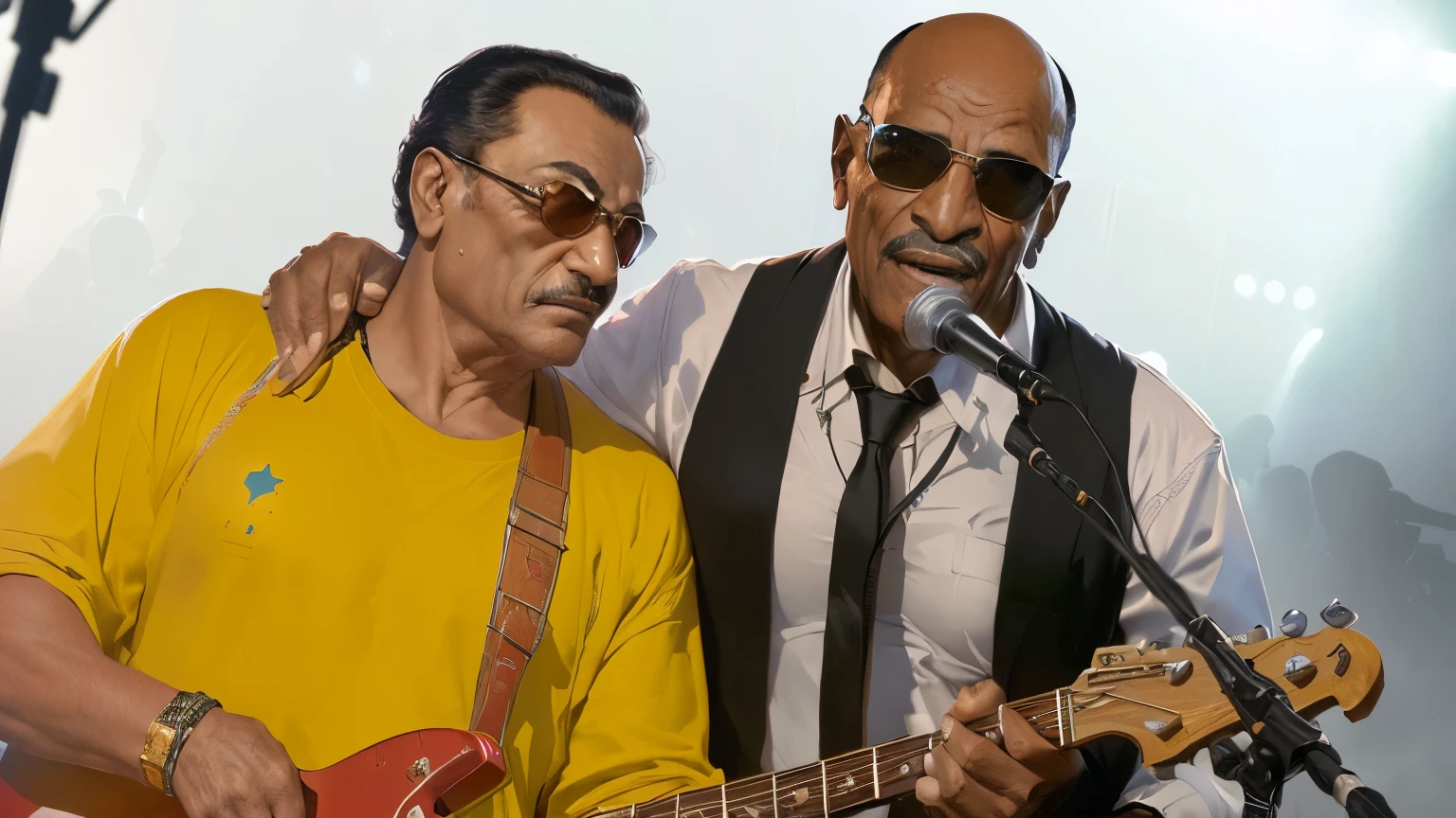 resident Sadat and president Mubarak as rock stars playing rock music on stage, masterpiece, best quality, (extremely detailed CG unity 8k wallpaper), (best quality), (best illustration), (best shadow), absurdres, realistic lighting, (Abyss), beautiful detailed glow, art by PeterMohrBacher,