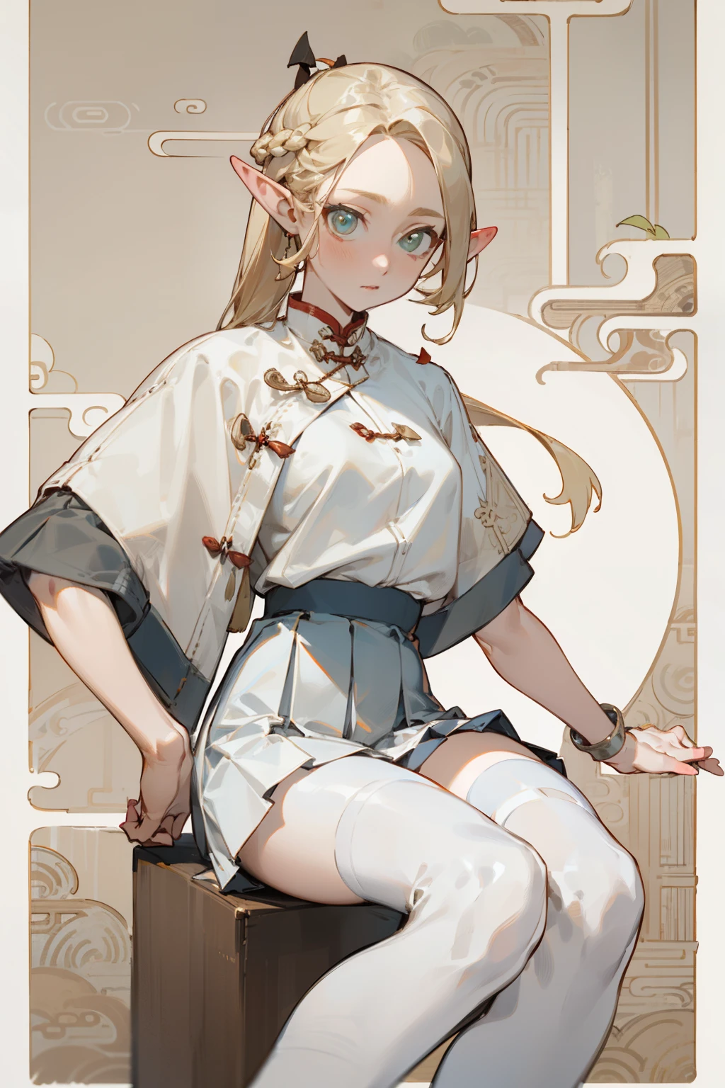 (masterpiece, best quality) detailed, Wearing white tights, silver accessories ,, Blonde ,elegant, pointed ears ,Chinese element pattern,thigh,漏出thigh,White shirt,White pleated skirt,