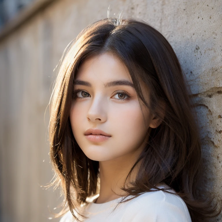 beautiful girl, portrait, masterpiece, Best Quality, Photo-realistic, Ultra-detailed, High resolution, 8K Wallpaper, 16 years old, Russian French Japanese and Korean mixed face, noble pure innocent and cute face, dark brown messy long hair, accurate human skeleton, Perfect dynamic composition, Beautiful detailed eyes, detailed hairs, Detailed realistic skin texture, basement background, concrete wall background, bright light, sunlight,