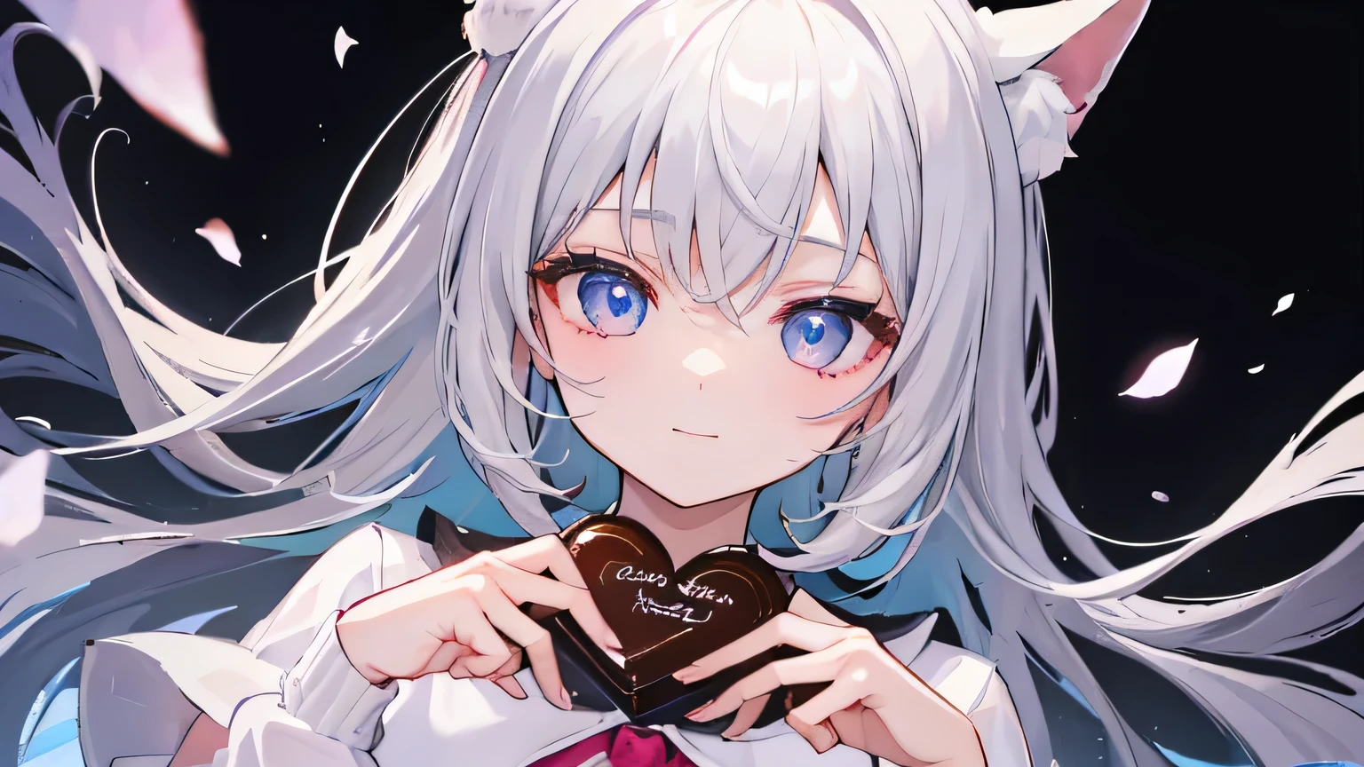 ((masterpiece、highest quality))、1 girl、Short Hair、gray hair、dress、white clothes、short、black shirt、skirt、black skirt、socks、Black socks、anime、cute、flat chest、Perfect eyes staring at the viewer、Portrait、smile、Hold the chocolate in front of your face、embarrassed、background white