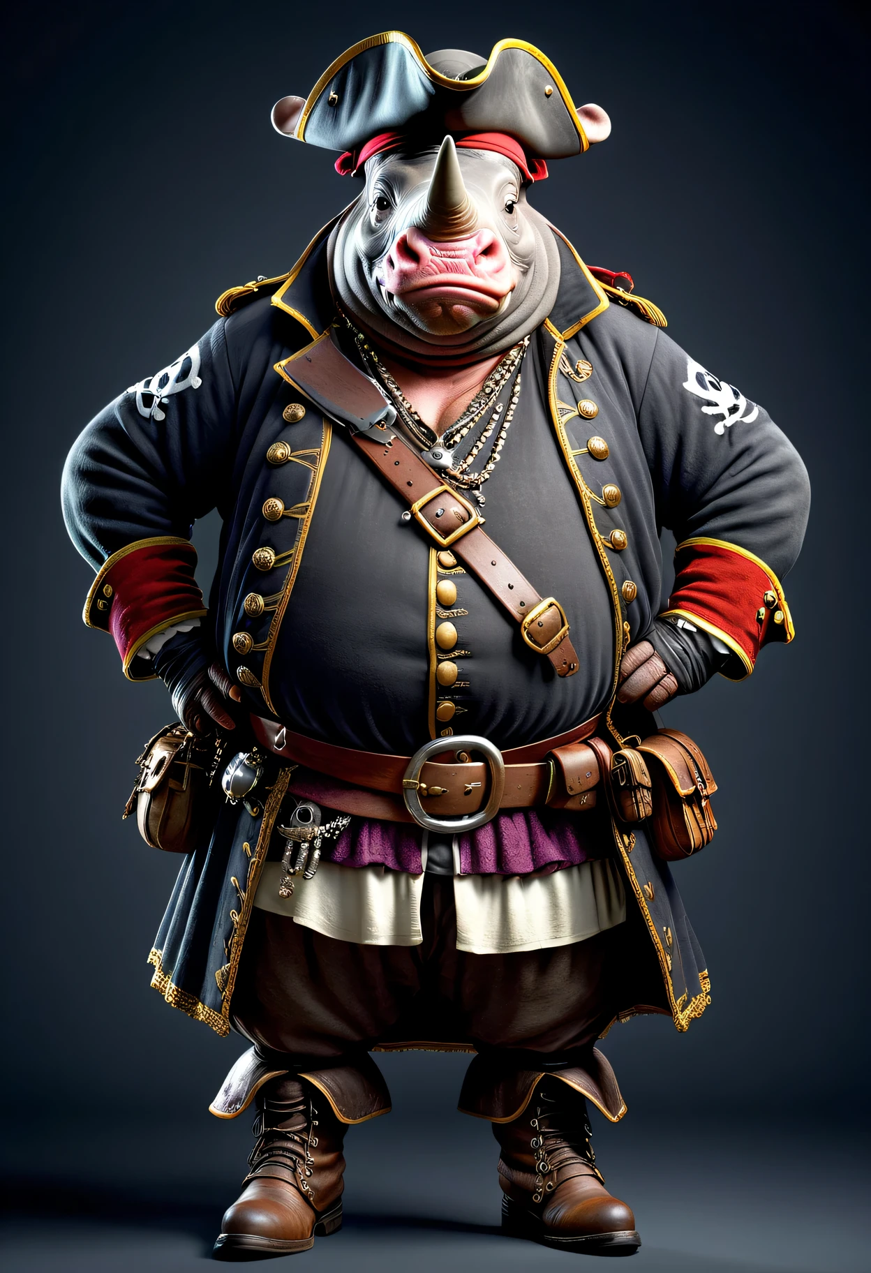 <lora:bmV8r:0.85> <lora:more_details:0.9> shading, 8k wallpaper, masterpiece, highest quality, detailed background, detailed face, detailed eyes,
hippopotamus, (overweight:1.0), (standing:1.0), (glare:1.0), (looking angry:1.0), (side view:1.3), pirate ship scenery, sky, green eyes, (gloves:1.3), nipples, belly, navel, (hairy:0.8),
(dirty clothes:1.0), (neck scarf:1.0), (pirate hat:1.0), (earring:1.0), (nipple piercing:1.0), (pirate pants:1.0), (pirate trenchcoat:1.4), (pirate shoes:1.0), belt, bracelet