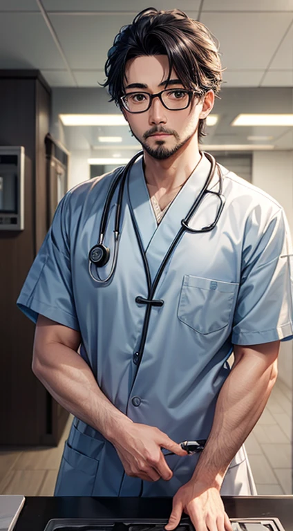 masterpiece,high quality,1 male,black hair,black eyes,animeのDoctor,Doctor,habitual hair,Stethoscope,black rim glasses,Japanese,white skin,Two dimensions,anime,anime, short sleeve,expressionless, surgeon, Surgeon,operating,adult,tired, upper body, stubble,beard