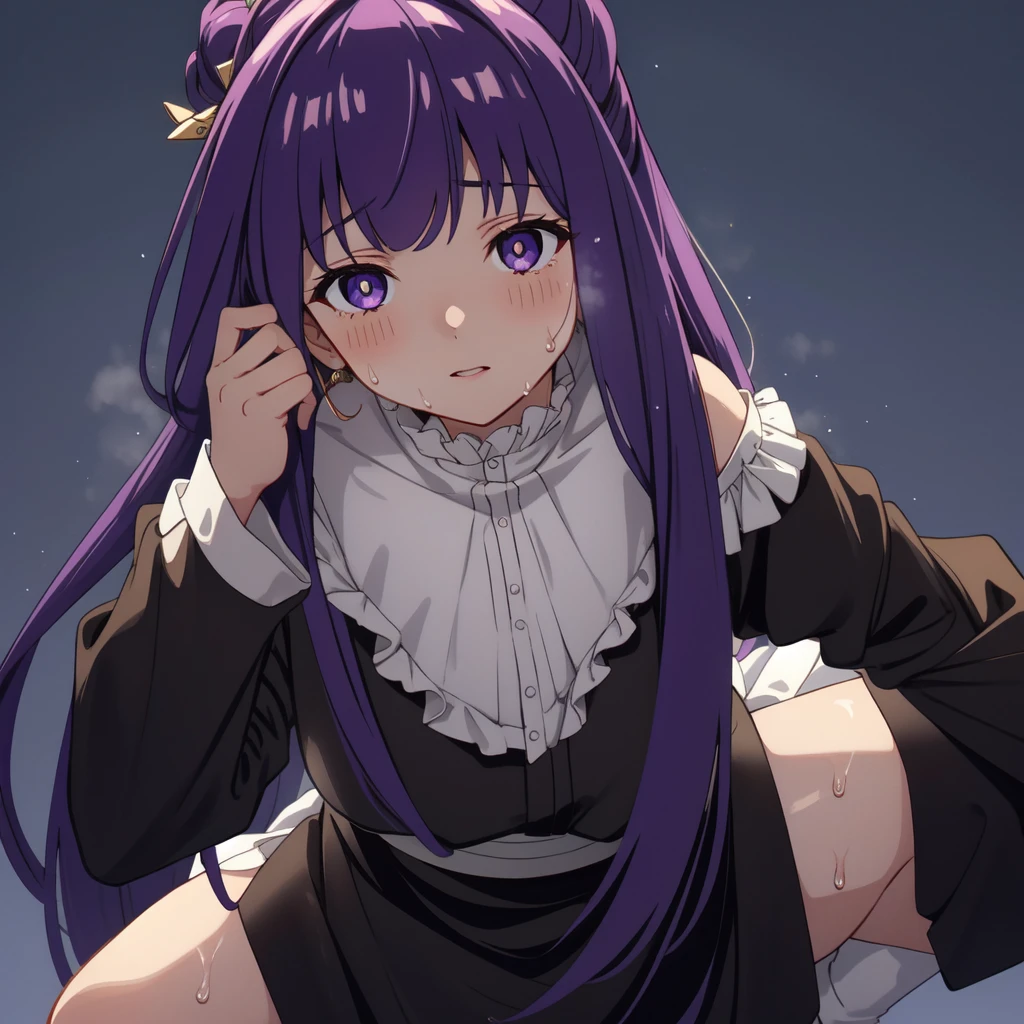 1 girl,alone,purple hair,long hair,purple eyes,dull bangs,side lock,half up hair,bright pupils, hair ornaments,Ruffled collar,black robe,white dress,center ruffle,button,wide sleeve,long sleeve,crooked,cowboy shot, looking at the viewer, and white skin,knees,,absurd,(masterpiece:1.3), (High resolution), (8K), (very detailed), (4k), (pixiv), perfect face, beautiful eyes and face, (最high quality), (Super detailed), detailed face and eyes,pubic hair,黄色いPeeを漏らす裸の女の子,1 girl,alone,spread your legs, embarrassing, blush,いPee, (sweating:1.4),spread your legs,1 girl, (alone), High resolution, use_fast_no_frozen_style, use_fast_no_frozen_style, high quality, 1 girl, nude, Pee, squat, touch the vagina,standing, raise one leg
