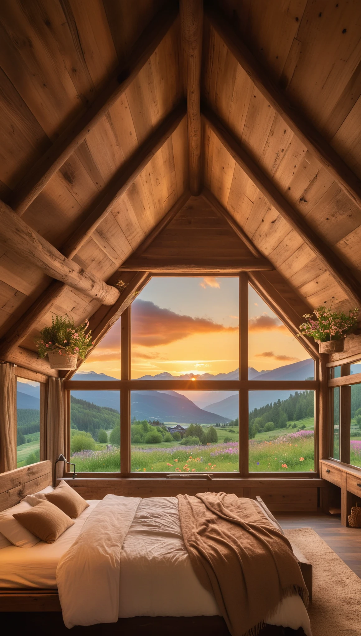 A cozy rustic bedroom with exposed wooden beams and a bay window framing a breathtaking mountain view and blooming meadows, with the tranquil sounds of nature and the soft glow of sunset creating a peaceful atmosphere