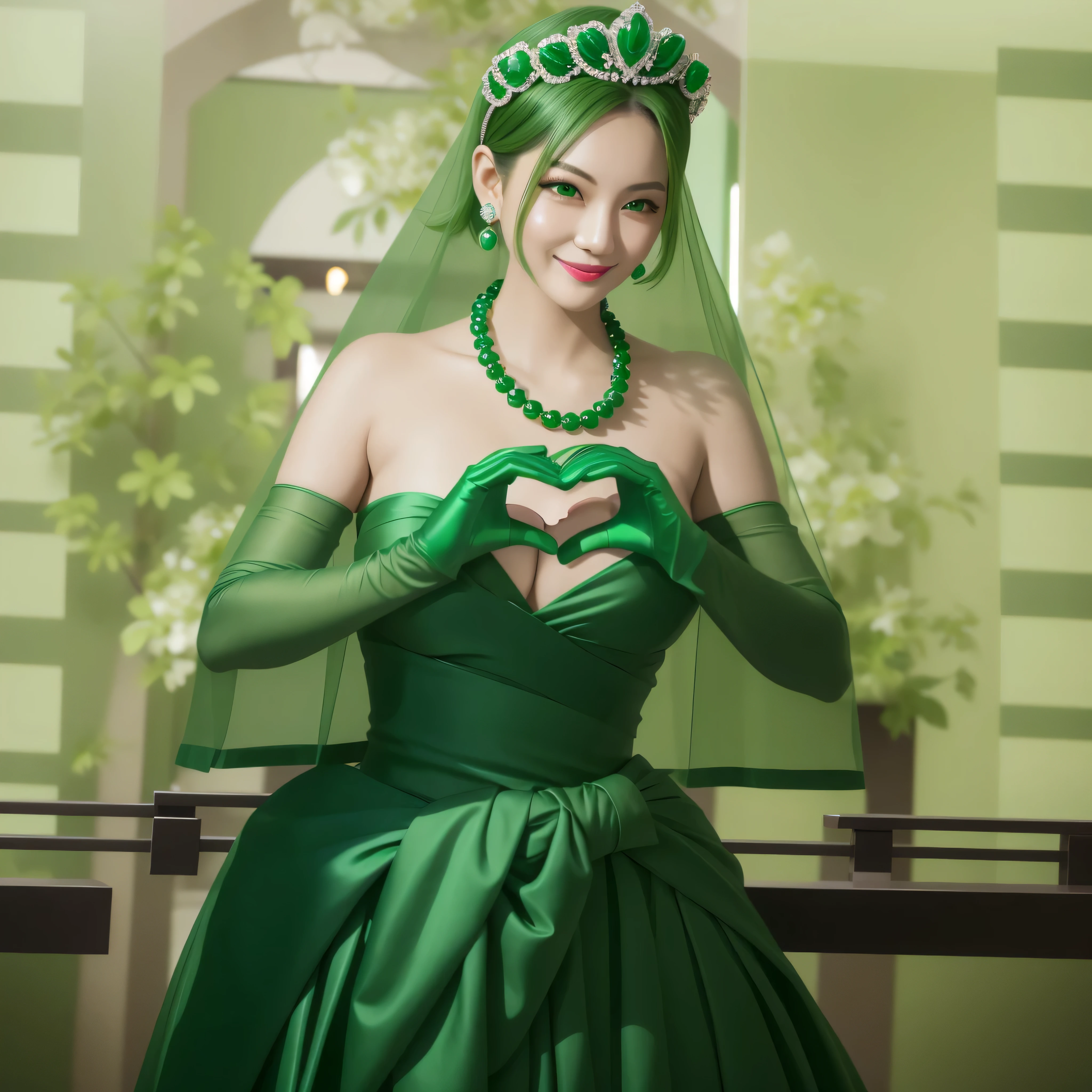 emerald tiara, green pearl necklace, boyish very short green hair, green lips, smiling Japanese woman, very short hair, Beautiful woman with big breasts, green eyes, green satin long gloves, green eyes, emerald earrings, green veil, Heart with both hands, green hair, beautiful japanese woman, heart shaped hands:1.3, green lip gloss