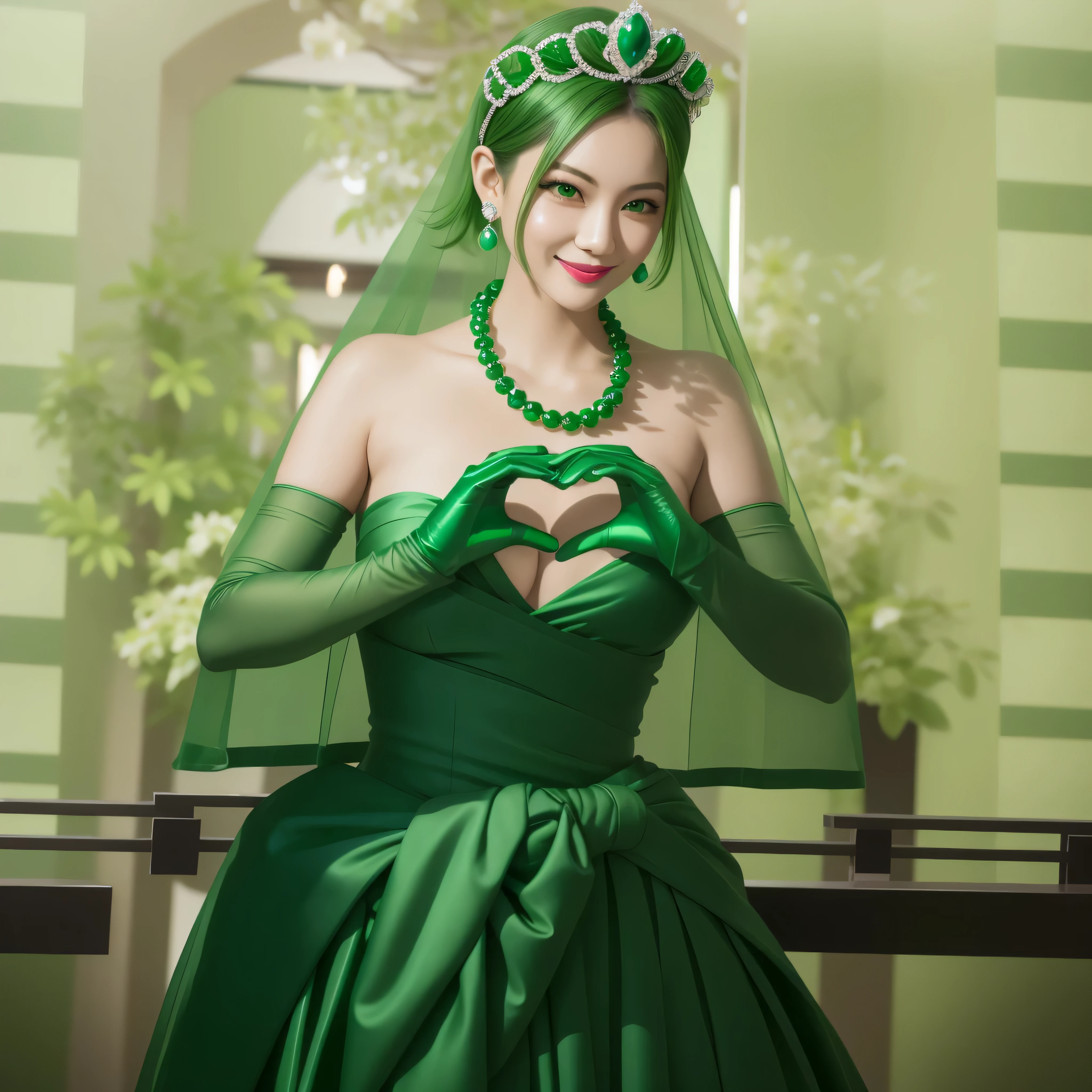 emerald tiara, green pearl necklace, boyish very short green hair, green lips, smiling Japanese woman, very short hair, Beautiful woman with ???????????, green eyes, green satin long gloves, green eyes, emerald earrings, green veil, Heart with both hands, green hair, beautiful japanese woman, heart shaped hands:1.3, green lip gloss