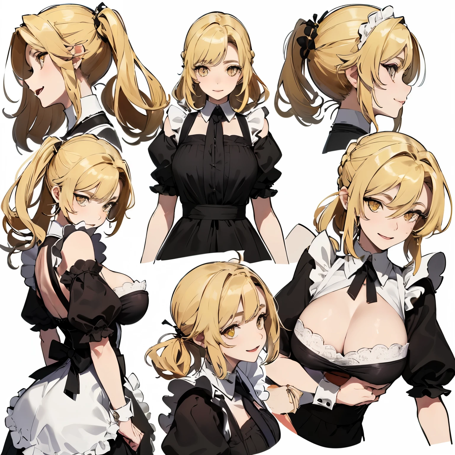 (masterpiece, 8K, highest quality, very detailed, 1 mature woman), (Consistent personality, same character), (blonde hair, yellow eyes), (very detailed顔と肌の質感, fine eyes), evil smile, big breasts, alone, (maid), white background, bare shoulders, enchanting smile, (multiple views, multiple angles), Side view, Front view, look up, look down, Rear view, 20-degree head view