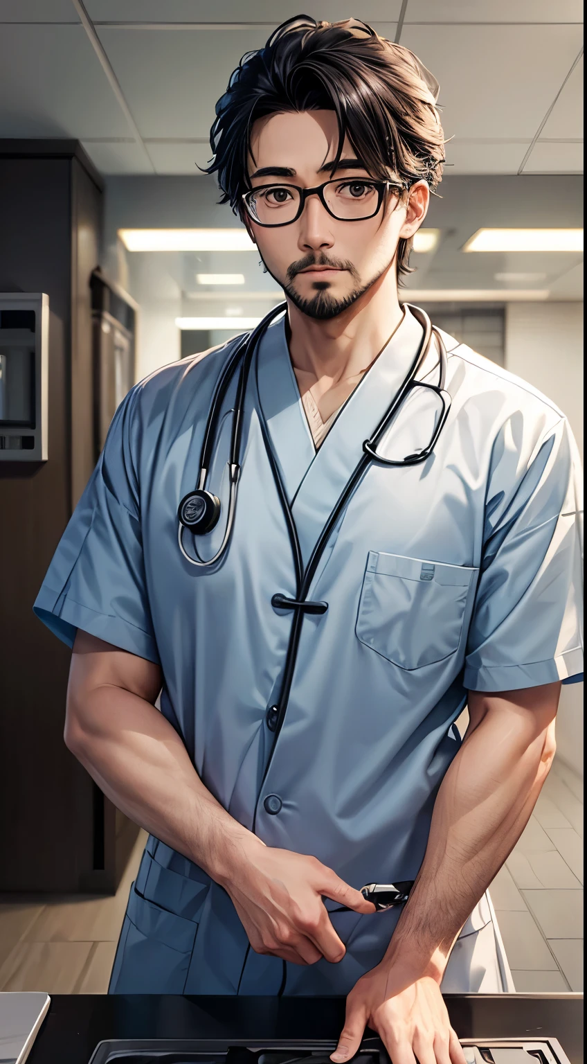 masterpiece,high quality,1 male,black hair,black eyes,animeのDoctor,Doctor,habitual hair,Stethoscope,black rim glasses,Japanese,white skin,Two dimensions,anime,anime, short sleeve,expressionless, surgeon, Surgeon,operating,adult,tired, upper body, stubble,beard