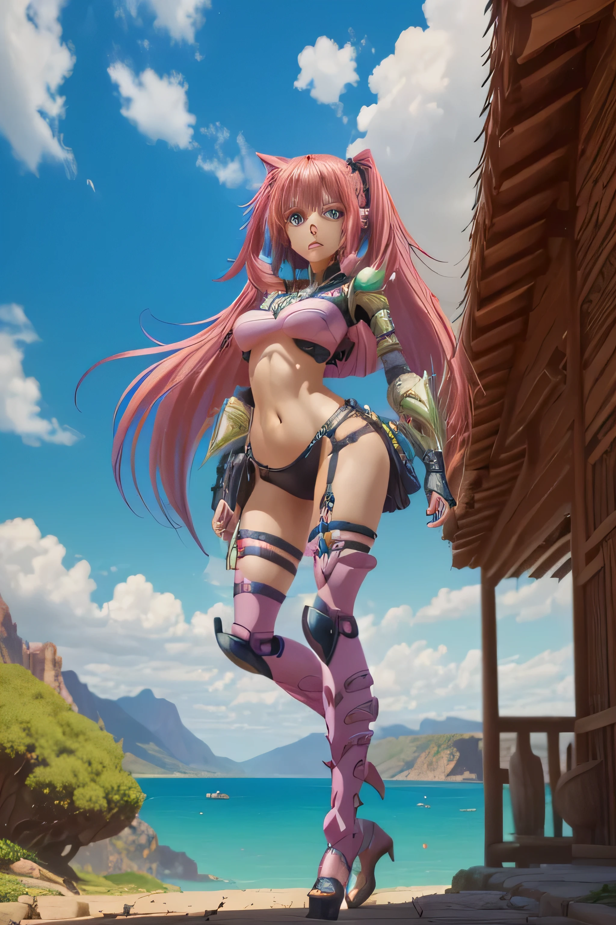 (best quality,4k,highres,masterpiece:1.2),ultra-detailed,Milim Nava,serious expression,pink hair,robotic eyes,detailed fantasy art,fighting stance, -postura de lucha