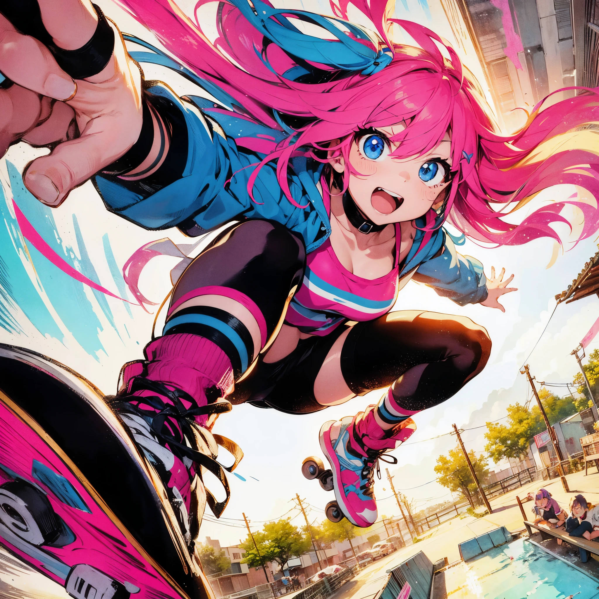 Brightly colored anime style, rough and intense illustration of Pink-chan, a 20-year-old anime style character, jumping high in the sky on a skateboard. The background depicts a skateboard park with elements of breakdancing high in the sky, dynamically jumping high into the sky. The image is a dynamic and lively angle from below, using thick, exaggerated lines and brush strokes to emphasize speed and action. Pink-chan has medium-length pink hair with blue highlights, light blue eyes, and a small mole next to her left eye. She has a slim figure of about 150 cm tall and wears a modern white hoodie and a blue butterfly hair ornament. The background is an urban skate park, painted with a rough hand-drawn aesthetic, which heightens the sense of wild energy and movement.