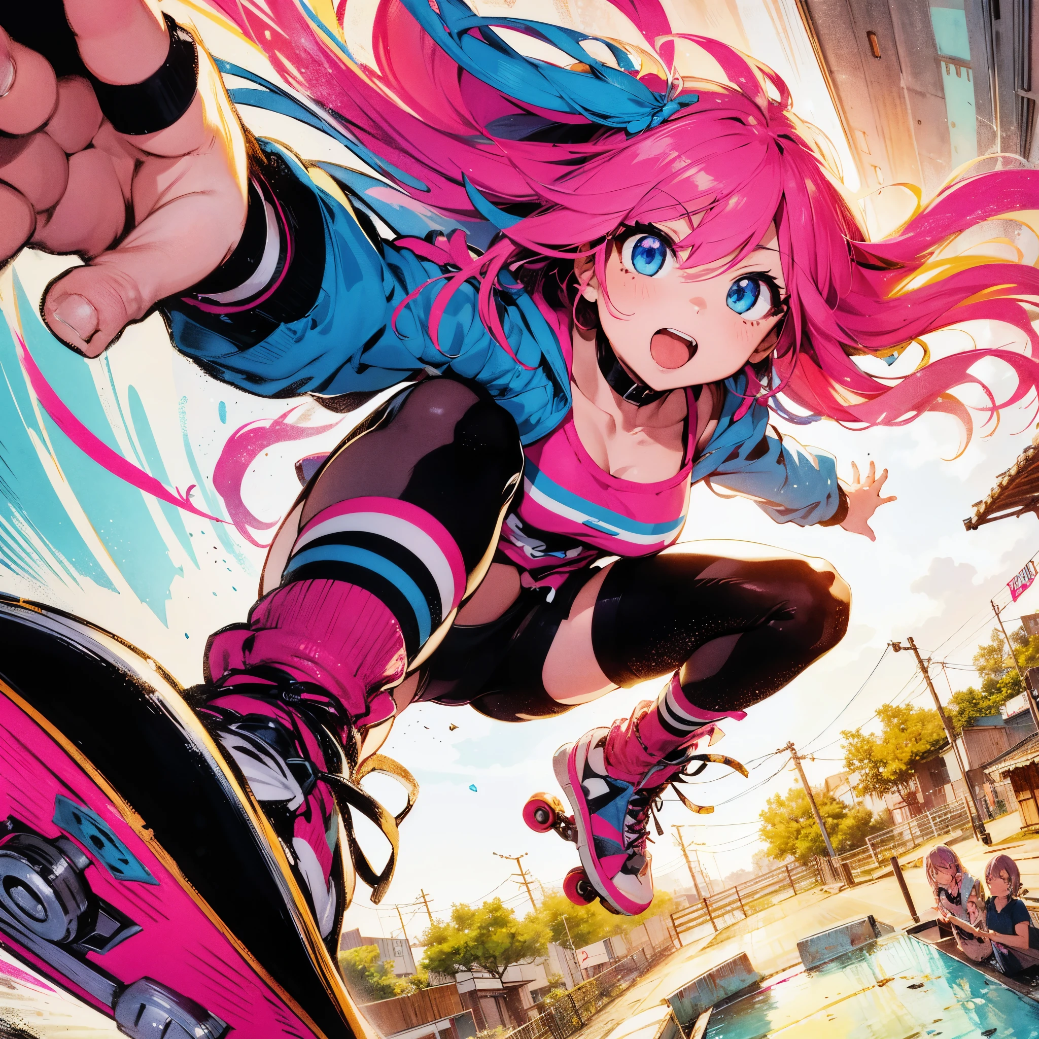 Brightly colored anime style, rough and intense illustration of Pink-chan, a 20-year-old anime style character, jumping high in the sky on a skateboard. The background depicts a skateboard park with elements of breakdancing high in the sky, dynamically jumping high into the sky. The image is a dynamic and lively angle from below, using thick, exaggerated lines and brush strokes to emphasize speed and action. Pink-chan has medium-length pink hair with blue highlights, light blue eyes, and a small mole next to her left eye. She has a slim figure of about 150 cm tall and wears a modern white hoodie and a blue butterfly hair ornament. The background is an urban skate park, painted with a rough hand-drawn aesthetic, which heightens the sense of wild energy and movement.