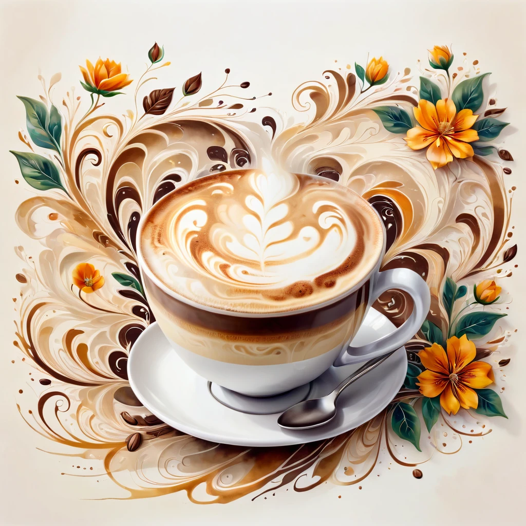 A captivating illustration of a cappuccino, featuring a swirling pattern with a creamy background and intricate textures. The overall composition is vibrant and inviting, evoking the essence of a perfect coffee break. Stylish art nouveau with intricate undulations.