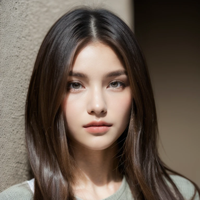 beautiful girl, portrait, masterpiece, Best Quality, Photo-realistic, Ultra-detailed, High resolution, 8K Wallpaper, 16 years old, Russian French Japanese and Korean mixed face, noble pure innocent and cute face, dark brown messy long hair, accurate human skeleton, Perfect dynamic composition, Beautiful detailed eyes, detailed hairs, Detailed realistic skin texture, basement background, concrete wall background, bright light, sunlight, 