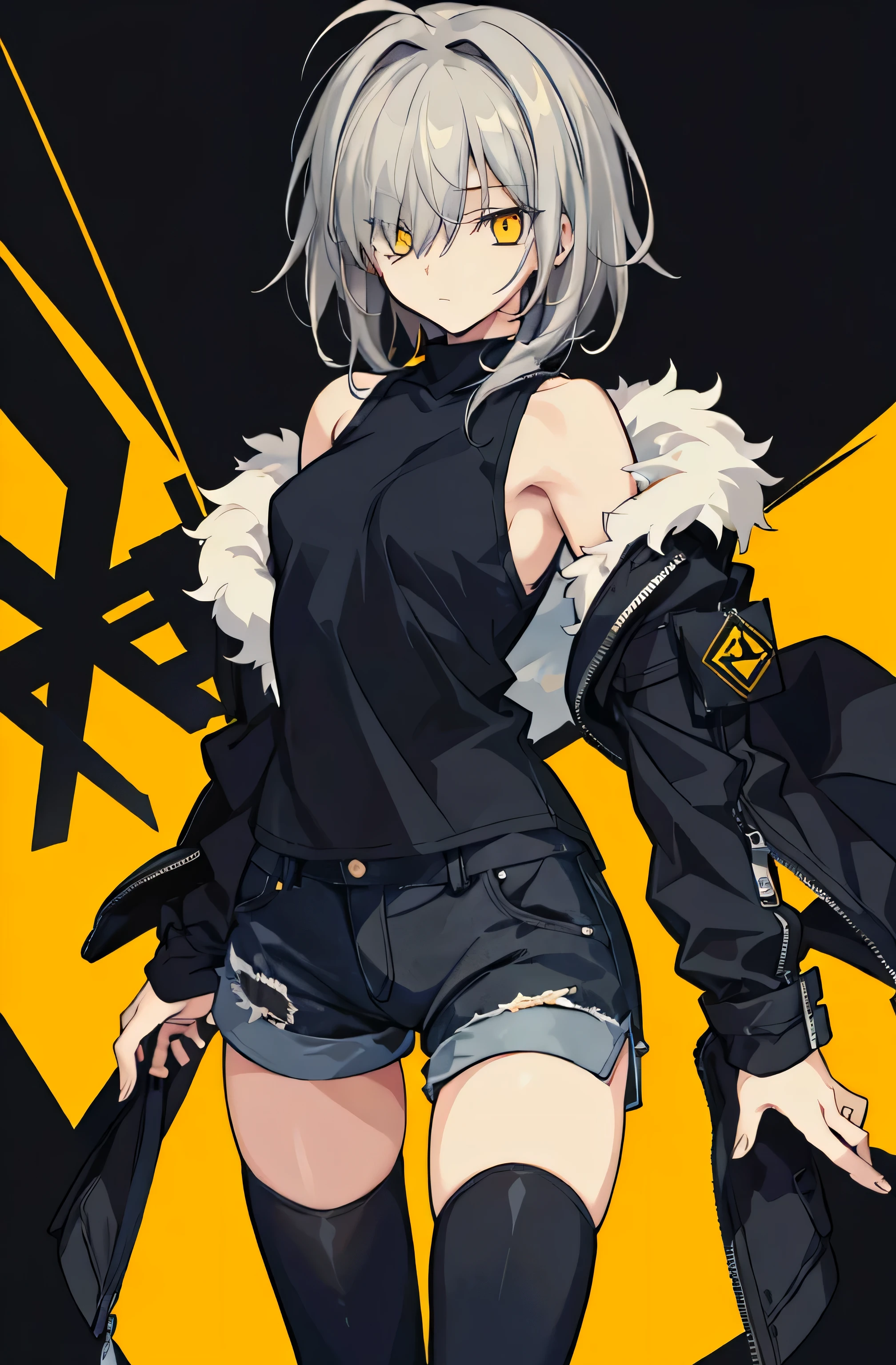 super fine illustration,1girl,(simple backgrond),(tachi-e),(standing),cowboy shot,fur-trimmed, black jacket,gray hair,yellow eyes,thighhighs,black tank top,shorts,thighhighs,hair over one eye