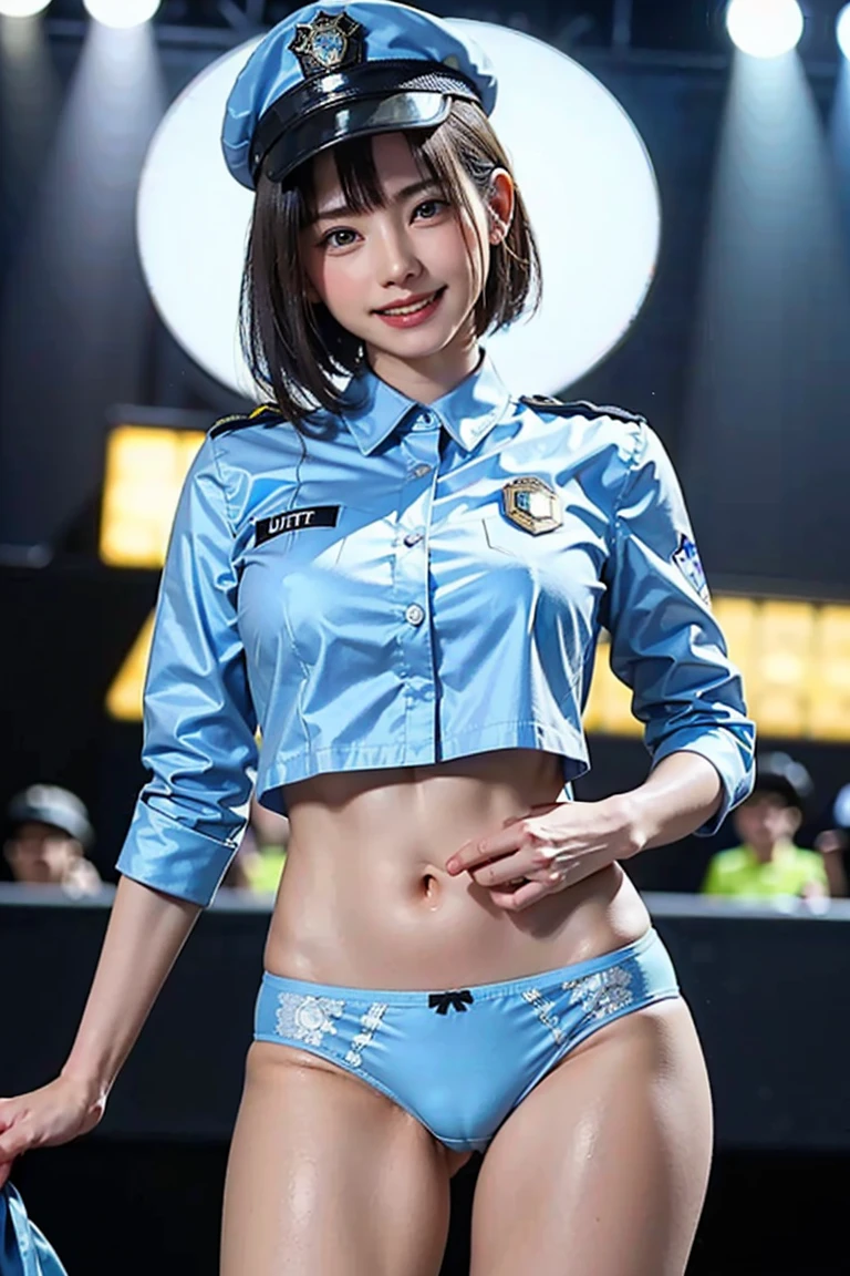 ((highest quality、best image quality、ultra high resolution、Drawn in ultra high definition、alone、look closely at the camera、light colored eyes))、(1 girl:1.9)、(short bob),(Light blue police hat: 1.4),(smile: 1.4),(white shirt、light blue panties: 1.4), (pussy line: 1.4), As the title says、、(on stage:1.2)