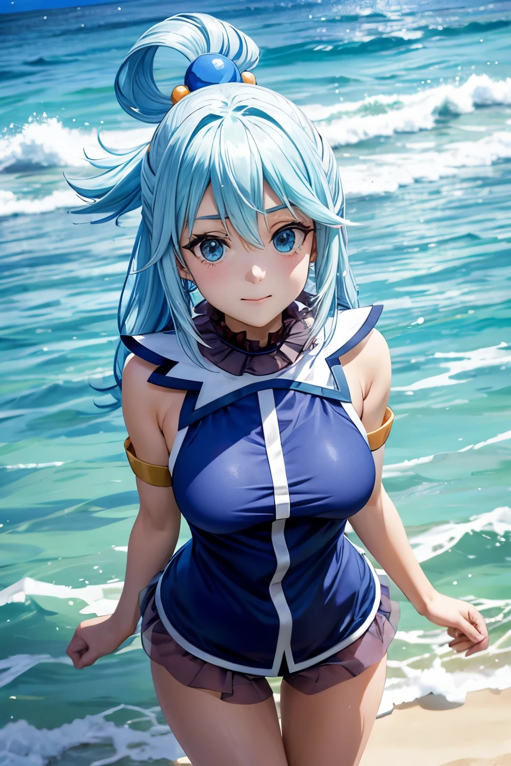 Aqua en la playa, mejor calidad, super detallado, poros en la piel, anime realista, muchas personas mirando 