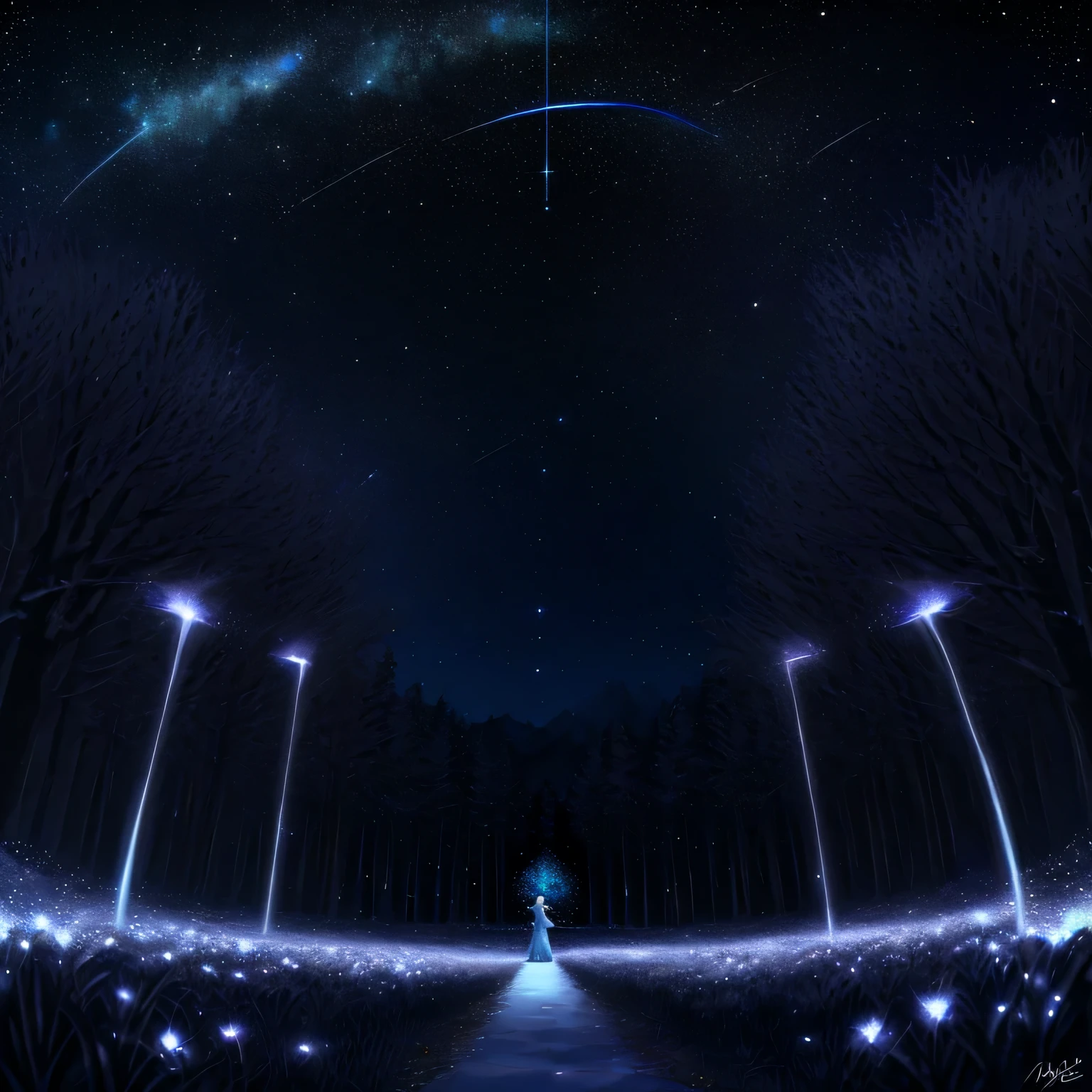 vaste photographie de paysage (a view from below showing the sky above and an open forest below), femme debout sur un chemin de pavé regardant le paysage, femme poilue, femme loup, full fur, fourrure magique (purple and blue light particle around), queue complète, grosse queue, queue magique, cheveux magiques (longue et toffu), tenue chauffant (in high quality fur and embroidery), décor de nuit, (pleine lune : 1,2), (shooting Stars : 0,9), (nebula : 1,3), (source de lumière chaude :1,2), (Firefly :1,2), (flocon de neige :1,0), (neige sur arbre)
(masterpiece : 1.2), (best quality), 4k, Ultra detailed, (composition dynamique : 1.4), Very detailed and colorful details, (iridescent colors : 1.2), (bright lighting, éclairage d'ambiance), dreamer, magique, ( seul : 1.2)
