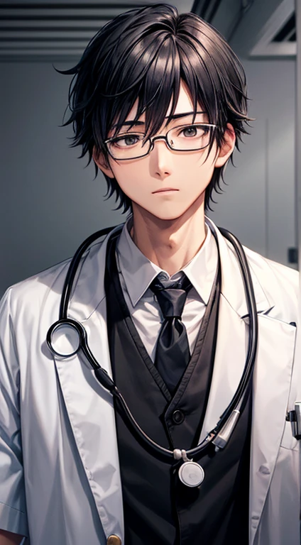 masterpiece,high quality,1 male,black hair,black eyes,animeのDoctor，Doctor，habitual hair，Stethoscope，black rim glasses，Japanese，white skin，Two dimensions，anime,anime, short sleeve,expressionless, surgeon, Surgeon，operating,adult,tired, upper body, Lazy