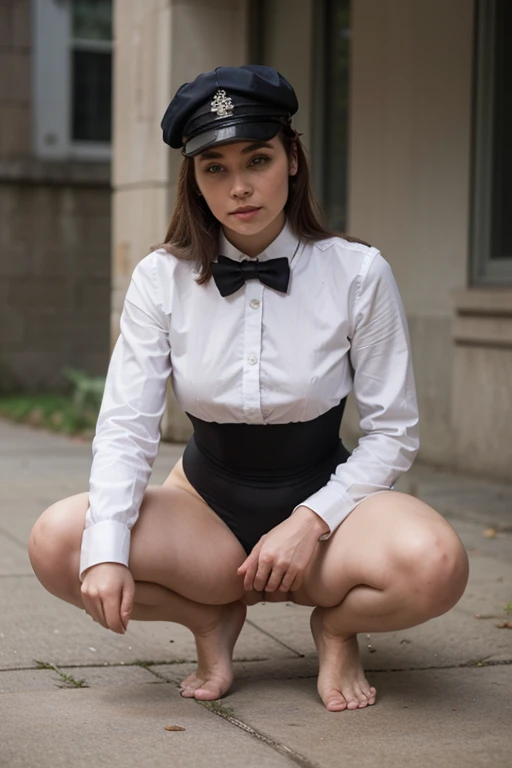 ((best quality)), ((masterpiece)), (detailed), perfect face Parking enforcer wearing bowtie, cap, gloves and long sleeve leotard squatting barefoot.