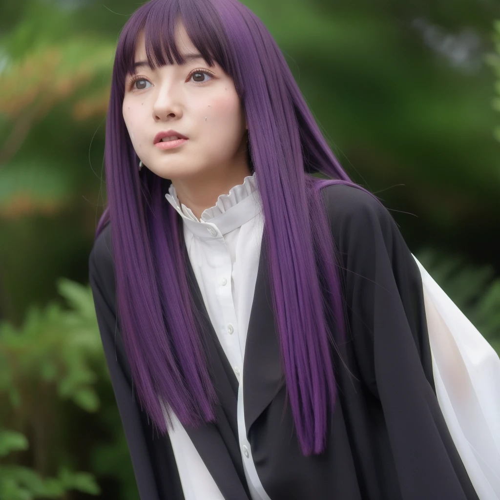 1 girl,alone,purple hair,long hair,purple eyes,dull bangs,side lock,half up hair,bright pupils, hair ornaments,Ruffled collar,black robe,white dress,center ruffle,button,wide sleeve,long sleeve,crooked,cowboy shot, looking at the viewer, and white skin,knees,,absurd,(masterpiece:1.3), (High resolution), (8K), (very detailed), (4k), (pixiv), perfect face, beautiful eyes and face, (最high quality), (Super detailed), detailed face and eyes,pubic hair,黄色いPeeを漏らす裸の女の子,1 girl,alone,spread your legs, embarrassing, blush,いPee, (sweating:1.4),spread your legs,1 girl, (alone), High resolution, use_fast_no_frozen_style, use_fast_no_frozen_style, high quality, 1 girl, nude, Pee, squat, touch the vagina,standing, raise one leg