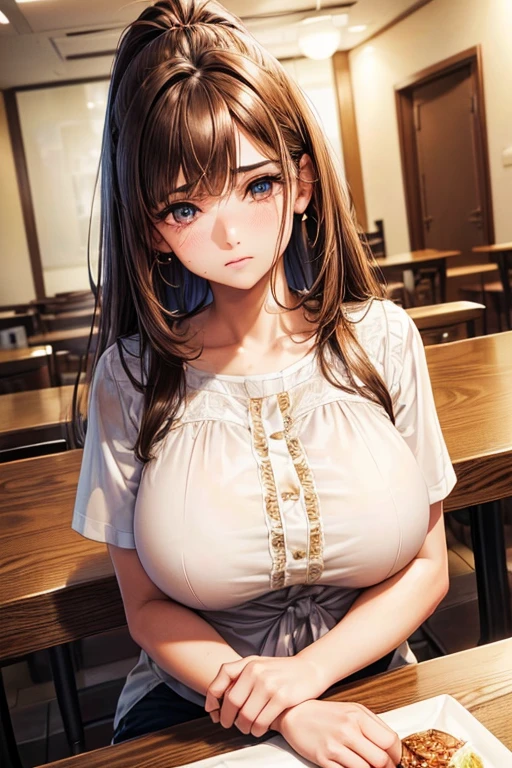 girl,,(shy:1.2),{(brown hair:1.2),(medium hair:1.5),(straight hair:1.5),swept bangs,ponytail},(huge breasts:1.3),blouse shirt,(fine eyes and skin:1.4),(detailed facial features:1.4),(perfect style),(beautiful face),sitting seat,at restaurant,(from front:1.5),(head shot),table 