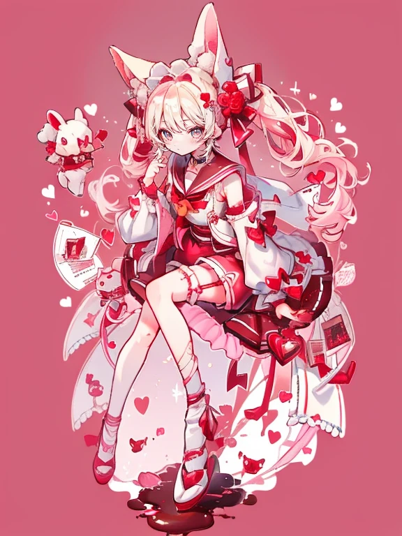 girl (masterpiece、最high quality、high quality)、若いgirl&#39;whole body、girl1名, flower,portrait,rabbit stuffed animal、bandage、twin tails、blonde、red collar、sailor suit、Maid clothes、light-pigmented hair、pink eyes、high quality、High resolution、energy、cute、flower、knees、Complex scars、curtain、background、Valentine、chocolate、heart、red ribbon、chocolateで覆われたイチゴ、scattered love letters、red eyes、shortcut、pink shorts、Long sleeve sailor、garter belt、double teeth 、low length、Shota)、Pink and black ribbon、Makai no Ririmu、anime、An illustration