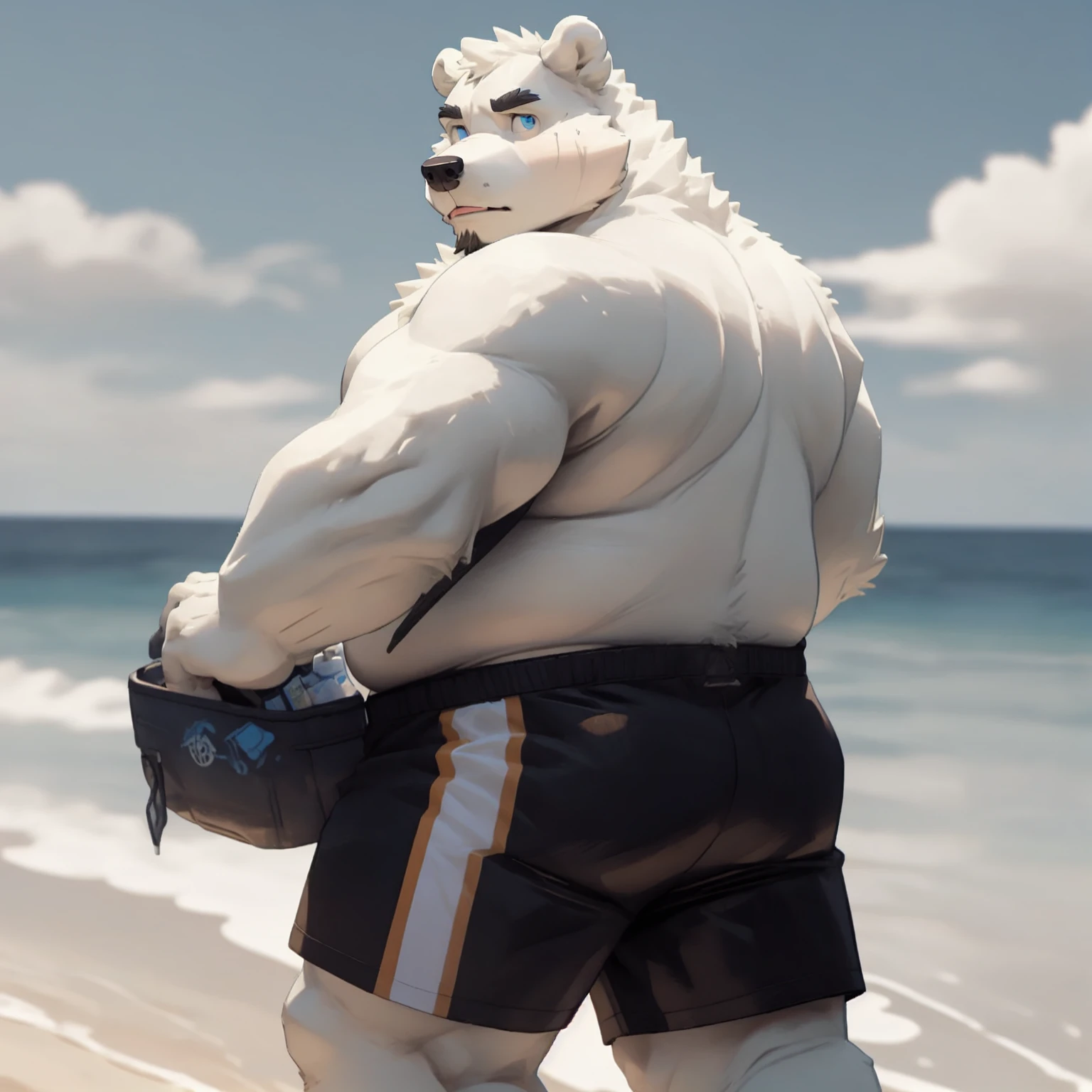 New Jersey 5 Hairy,polar bear，Full body portrait of an individual,exquisite， chubby，Fat，thick arms，Rugged muscles，Naked from the waist down，White plush fur，chubby脸，black eyebrows，sky blue eyes，beard，Soaked shorts，beach，facing away，look back