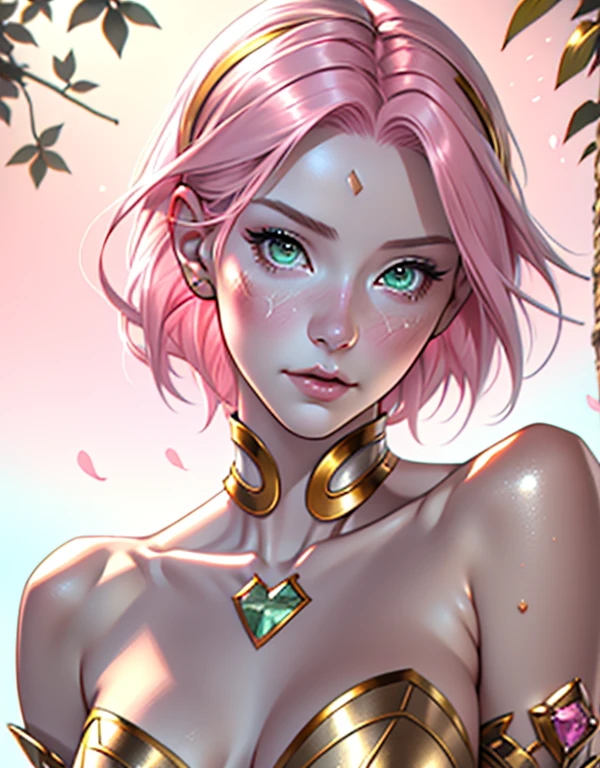young woman, short shoulder-length pink hair, wide forehead, porcelain skin, pink eyebrows, large emerald green eyes, buttoned nose, full lips, heart-shaped face, slender body, small breasts, white and gold clothing, goddess of Olympus, angel, Sakura Haruno, realistic, Realism, details, 3d, well detailed.