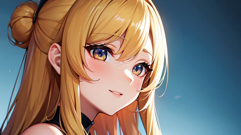 perfect for icons、Japanese anime style portrait of a beautiful girl with golden updo hairstyle。Her youth々To emphasize a youthful and active appearance、Her hair is golden and elegantly styled.。This image is、Her big, expressive anime eyes、delicate nose、It captures a small smile.、Her bright blonde hair frames her face like a picture frame.。The setup is simple、By focusing on her face、Perfect to use as an icon or avatar。