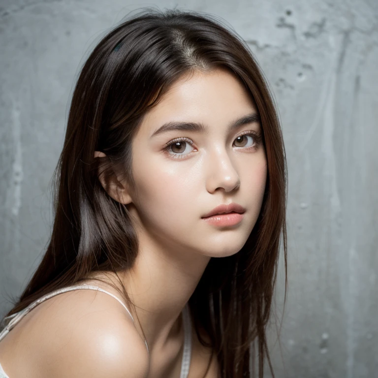beautiful girl, portrait, masterpiece, Best Quality, Photo-realistic, Ultra-detailed, High resolution, 8K Wallpaper, , Russian French Japanese and Korean mixed face, noble pure innocent and cute face, dark brown messy long hair, accurate human skeleton, Perfect dynamic composition, Beautiful detailed eyes, detailed hairs, Detailed realistic skin texture, basement background, concrete wall background, bright light, sunlight,