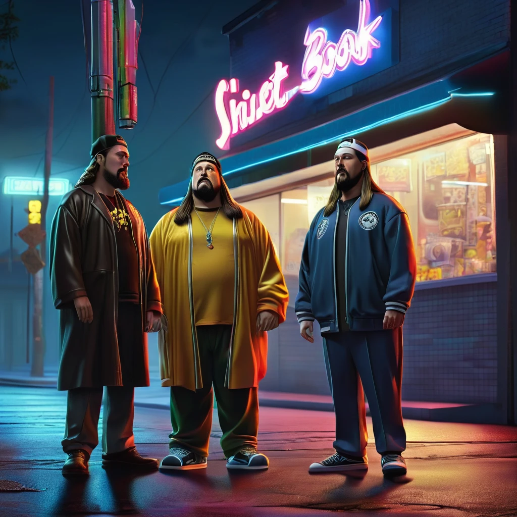 by movie "Jay and Silent Bob Strike Back" by Kevin Smith . Jay and Silent Bob They are leaning against the wall, outside a midnight convenience store. Night, lanterns. City. bright colors, surreal, hyperrealism, by Neo Rauch, perfect composition, beautiful detailed intricate insanely detailed octane render trending on artstation, 8 k artistic photography, photorealistic concept art, soft natural volumetric cinematic perfect light, chiaroscuro, award - winning photograph, masterpiece, High Resolution, High Quality, Masterpiece