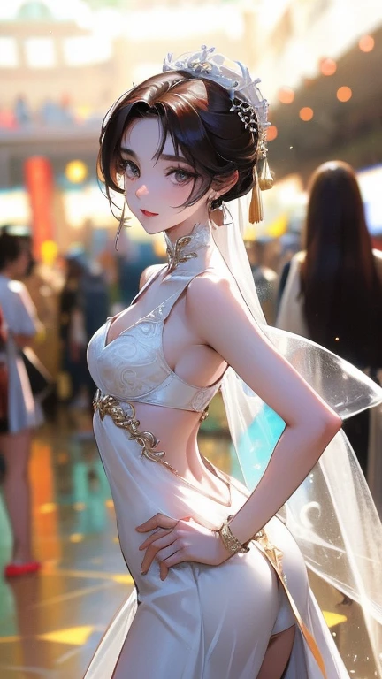 Una hermosa mujer china gentil y encantadora., Delicate and sexy clavicle, double eyelids, labios rosados, small, upturned nose, hombros descubiertos, nalgas regordetas, Hermosas piernas largas, cara enfocada, primer plano de la cara, ultra high definition, Super detail, Foto de cuerpo completo