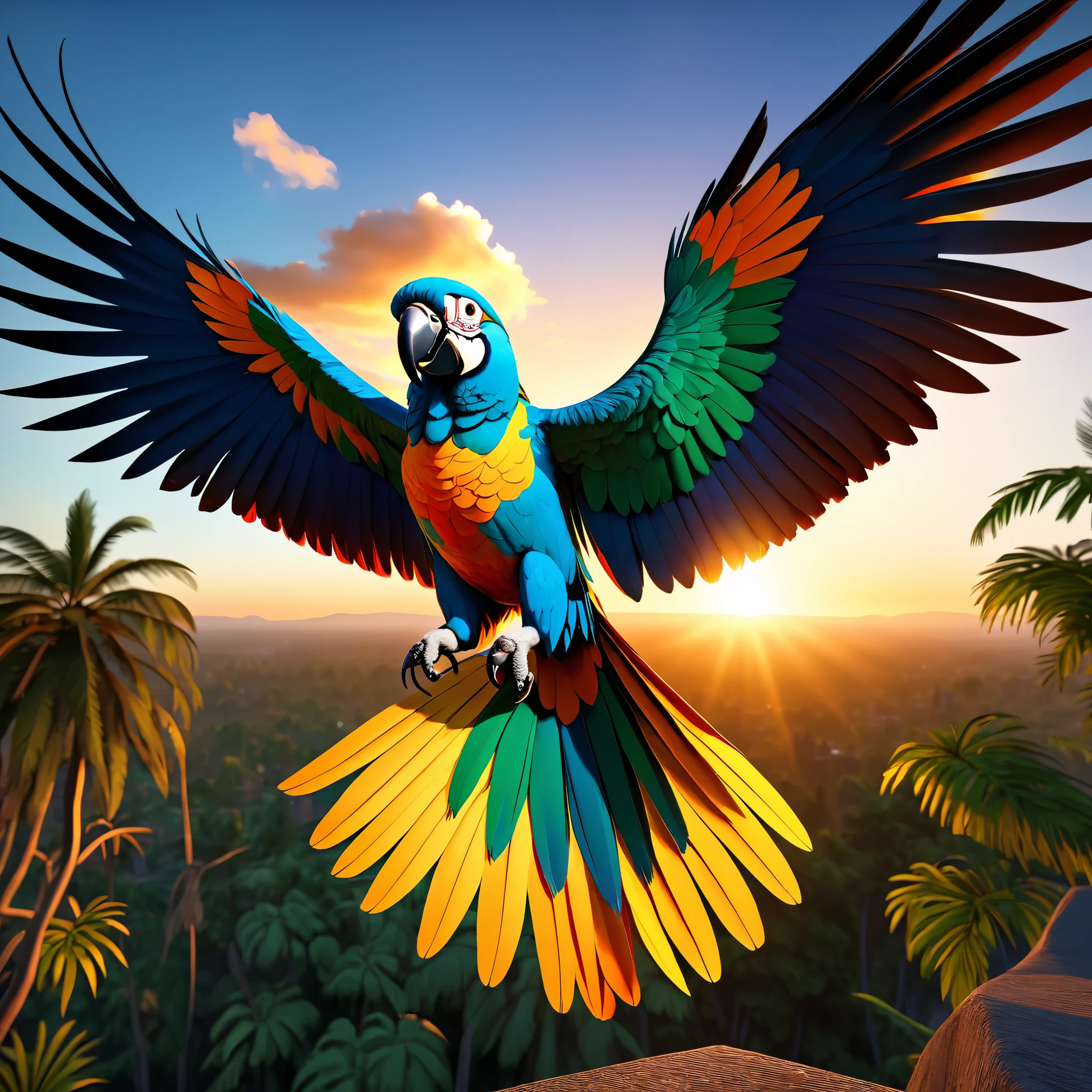 Sunset, hand-Invictus full body shot of beautiful colour parrot "Dia De Los Muertos" initial referential The Master Professor. Spread wings. On the man shoulder. Capture the details of expensive brush strokes. dynamic composition, dramatic lighting to create a cinematic forest and blue sky atmosphere... National geographic quality images, extremely detailed, volumetric lighting, Background: City Street. Ultra Professional PhotoRealistic ((UnrealEngine5 epic tmasterpiece, ultra high-quality, ultra high-details, ultra sharp-focus, ultra high-resolution, ultra high-definition, vibrant DSLR vivid colorful lighting, cinematic_sunlight, saturate)), varies multi etc. --v 6 --s 1000 --c 20 --q 5 --chaos 100