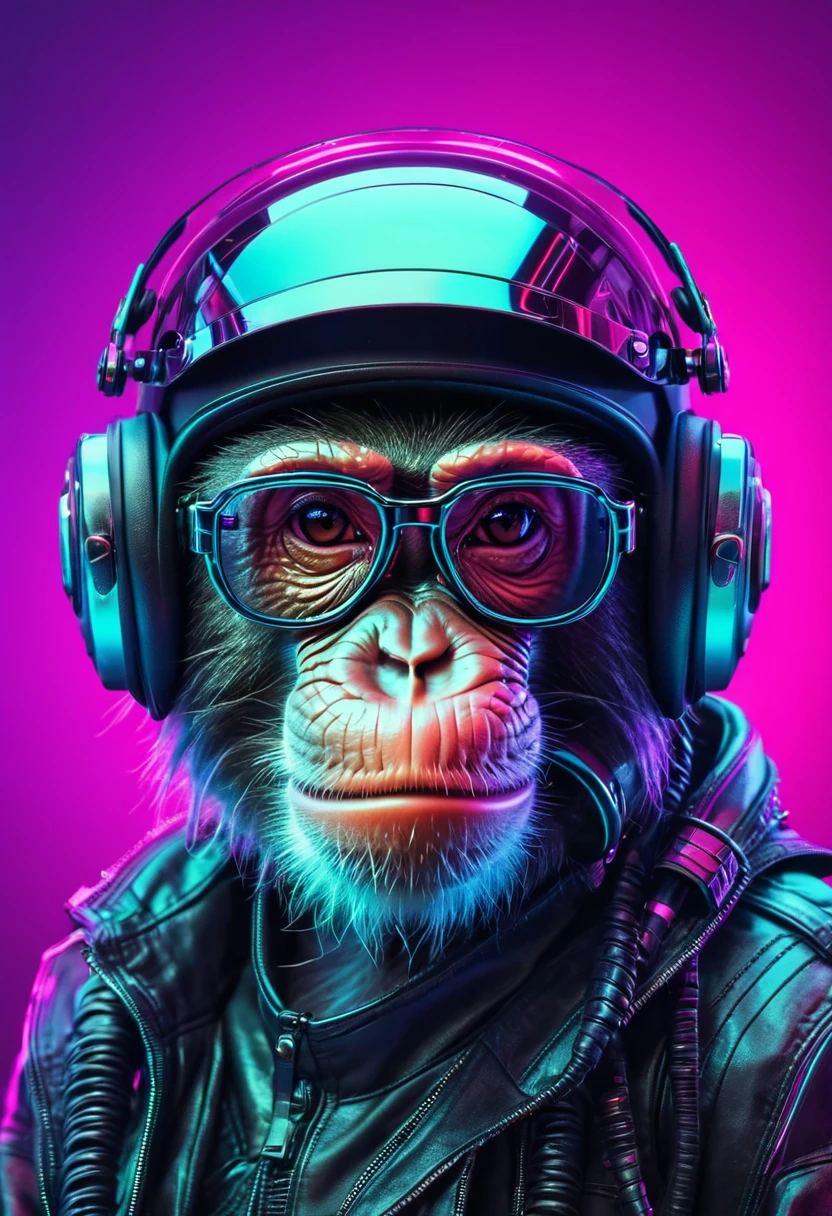 monkey wearing glasses wearing helmet, cyberpunk neon background