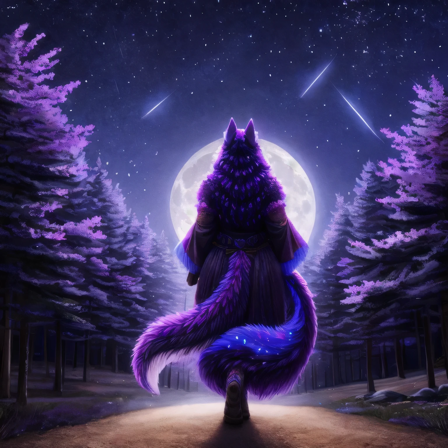 extensive landscape photography (a view from below showing the sky above and an open forest below), woman standing on a paved path looking at the landscape, hairy woman, wolf woman, full fur, magical fur ( particle of light around the wolf woman), full tail, big tail, magic tail, magic hair (long and bushy), heated outfit (made of high quality fur and embroidery), night decor, (full moon: 1.2 ), (shooting stars: 0.9), (nebula: 1.3), (warm light source: 1.2), (Firefly: 1.2), (snowflake: 1.0), (snow on tree) (masterpiece: 1.2), (best quality), 4k, ultra detailed, (dynamic composition: 1.4), highly detailed and colorful details, (iridescent colors: 1.2), (bright lighting, ambient lighting), dreamy, magical, (alone: 1.2)