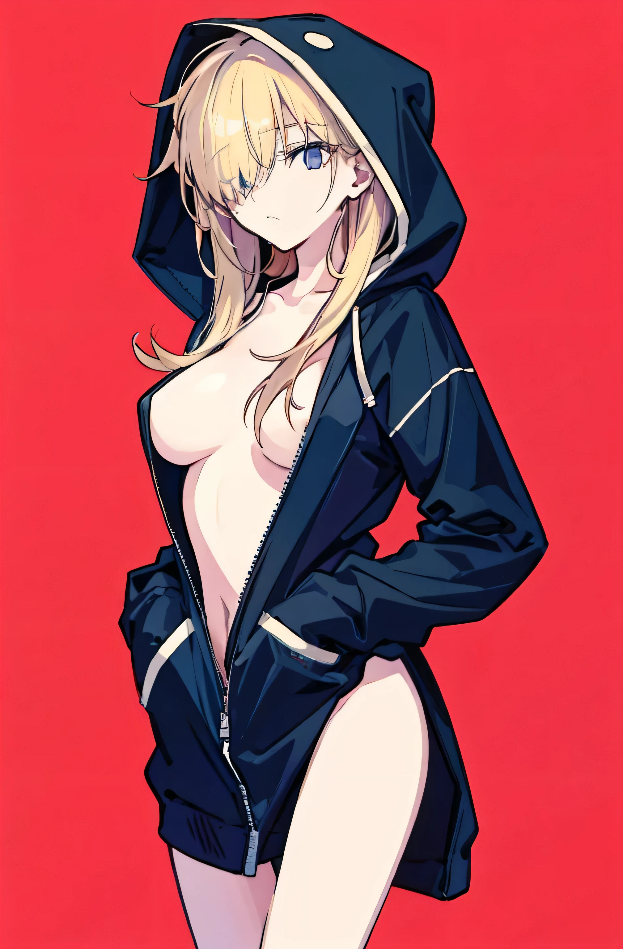 super fine illustration,simple background,hoodie, no bra,naked hoodie,large breasts,hair over one eye,