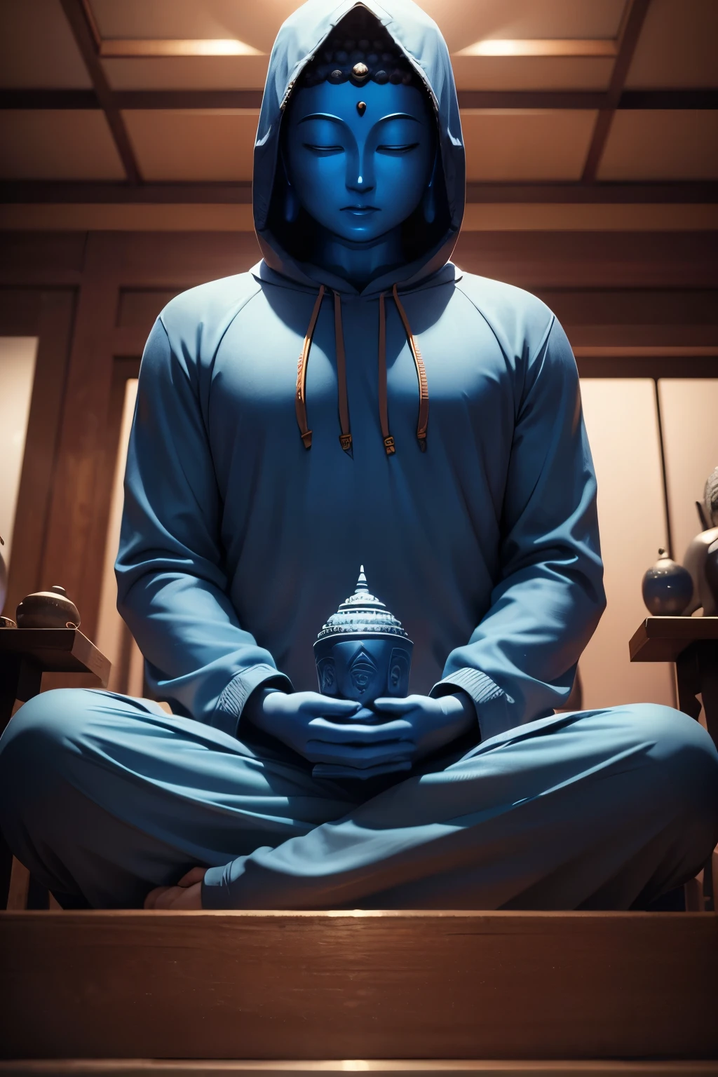 There is a blue Buddha statue facing the front and wearing a hoodie hood,Buddha, Buddha, Buddhism, beautiful images,Buddha,Buddha